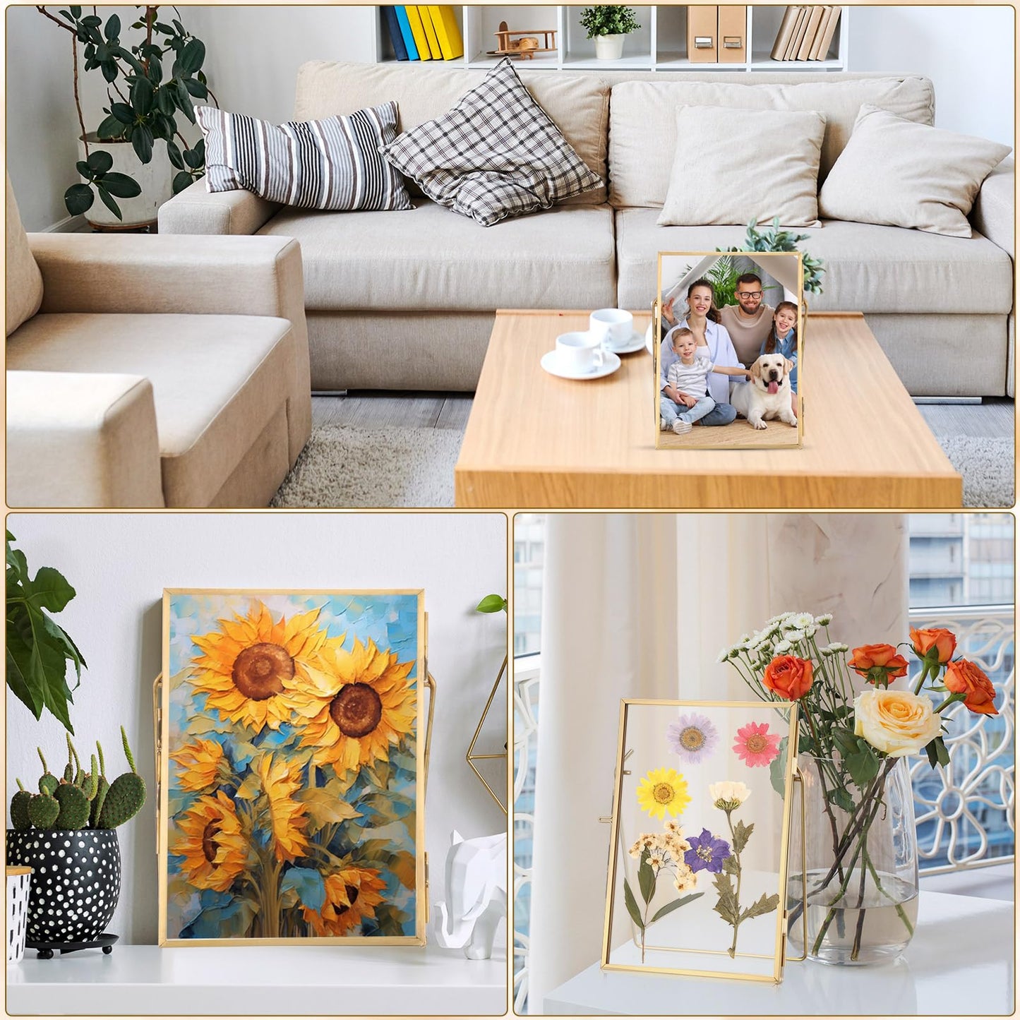 Vicenpal 3 Pack Glass Pressed Flower Frame Handmade, 4 x 6 floating Picture Frames for Pressed Flowers, Brass Double Glass for Tabletop Display, Home Office Plant Specimen, Photos(Gold)