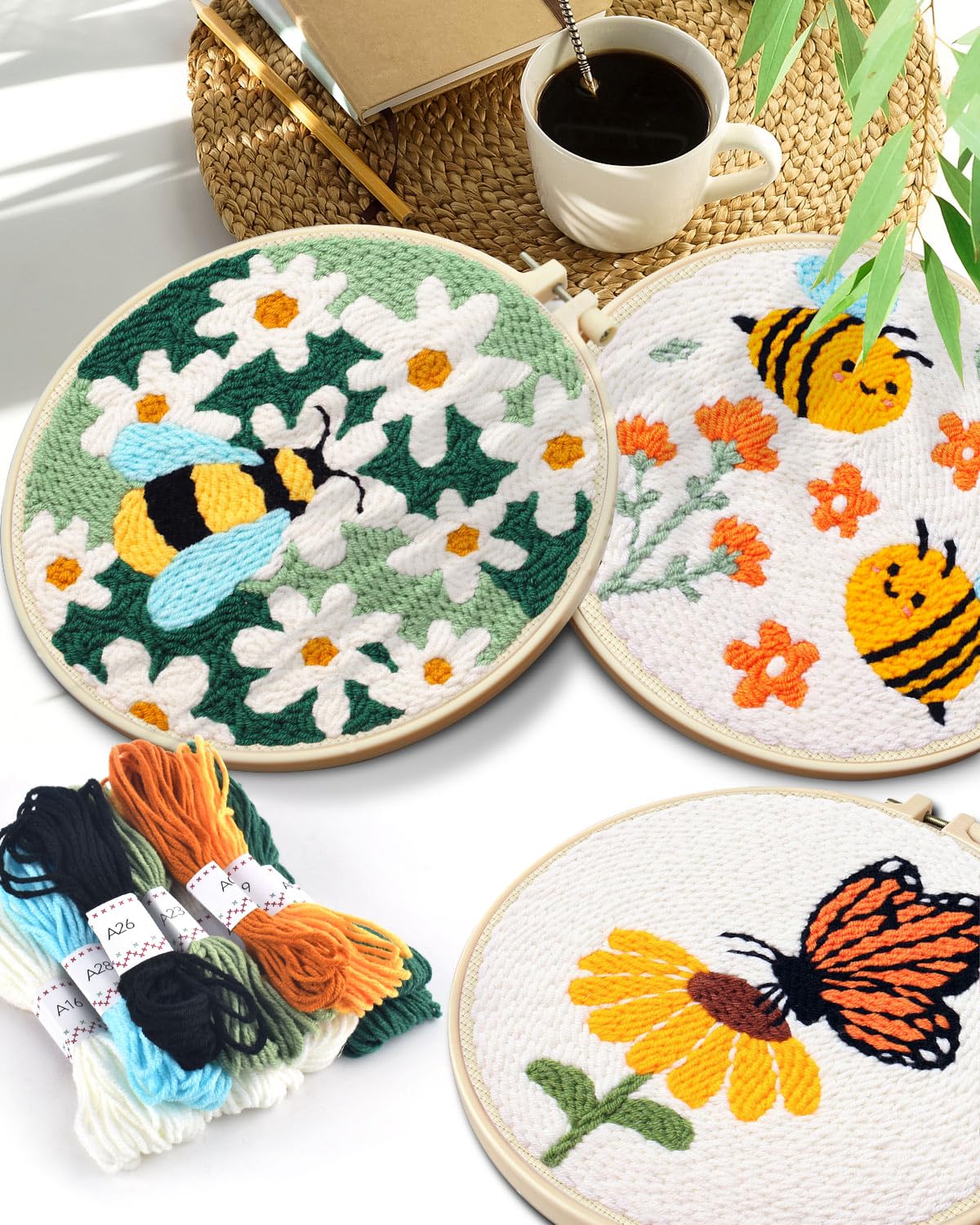TINDTOP 3 Sets Punch Needle Kits, Flowers Punch Embroidery Kits for Adults Beginner, Tool with Punch Needle Fabric, Hoops, Yarns and Sewing Needles