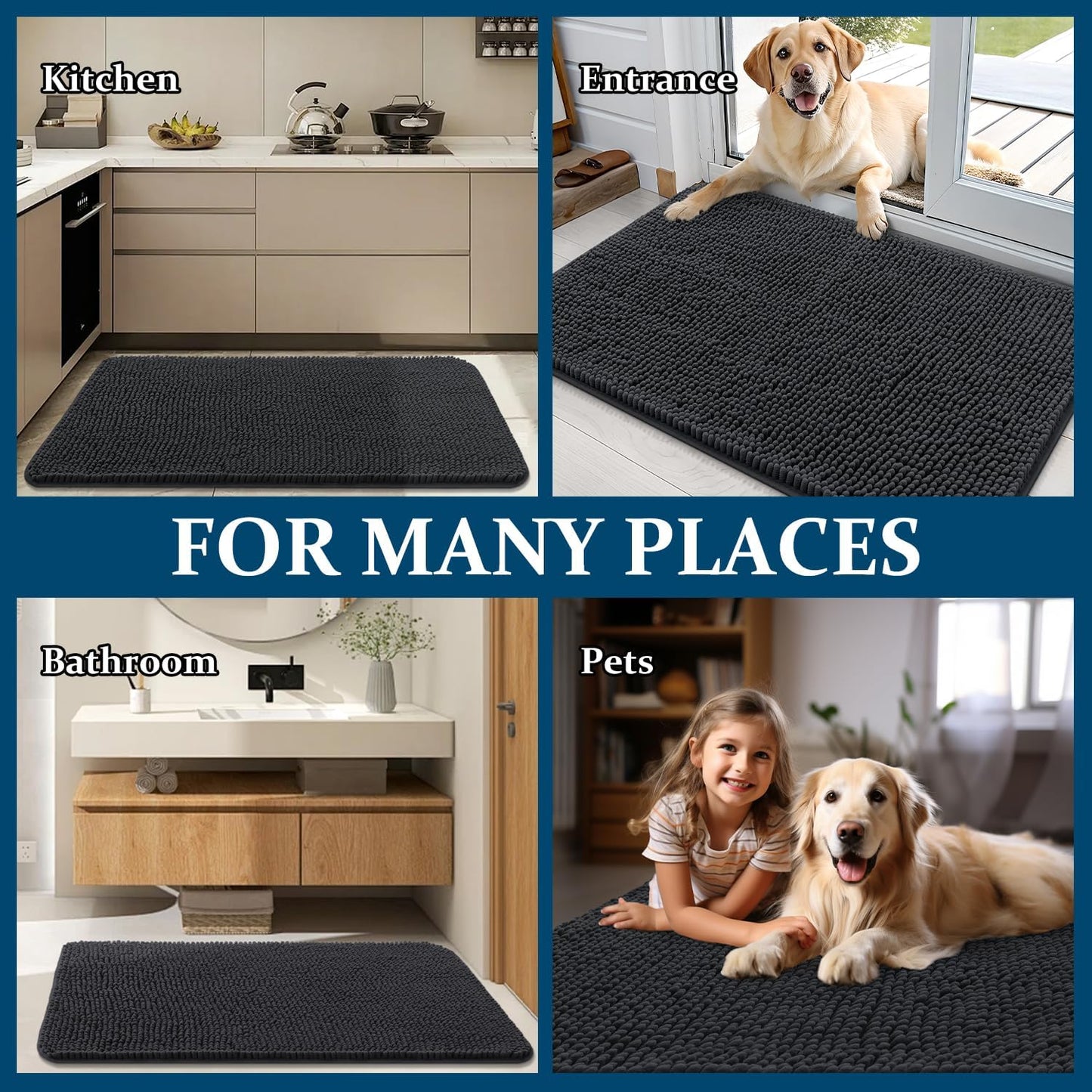 OLANLY Dog Door Mat - Absorbent Non-Slip Chenille Doormat for Muddy Paws | 30x17 Dark Grey