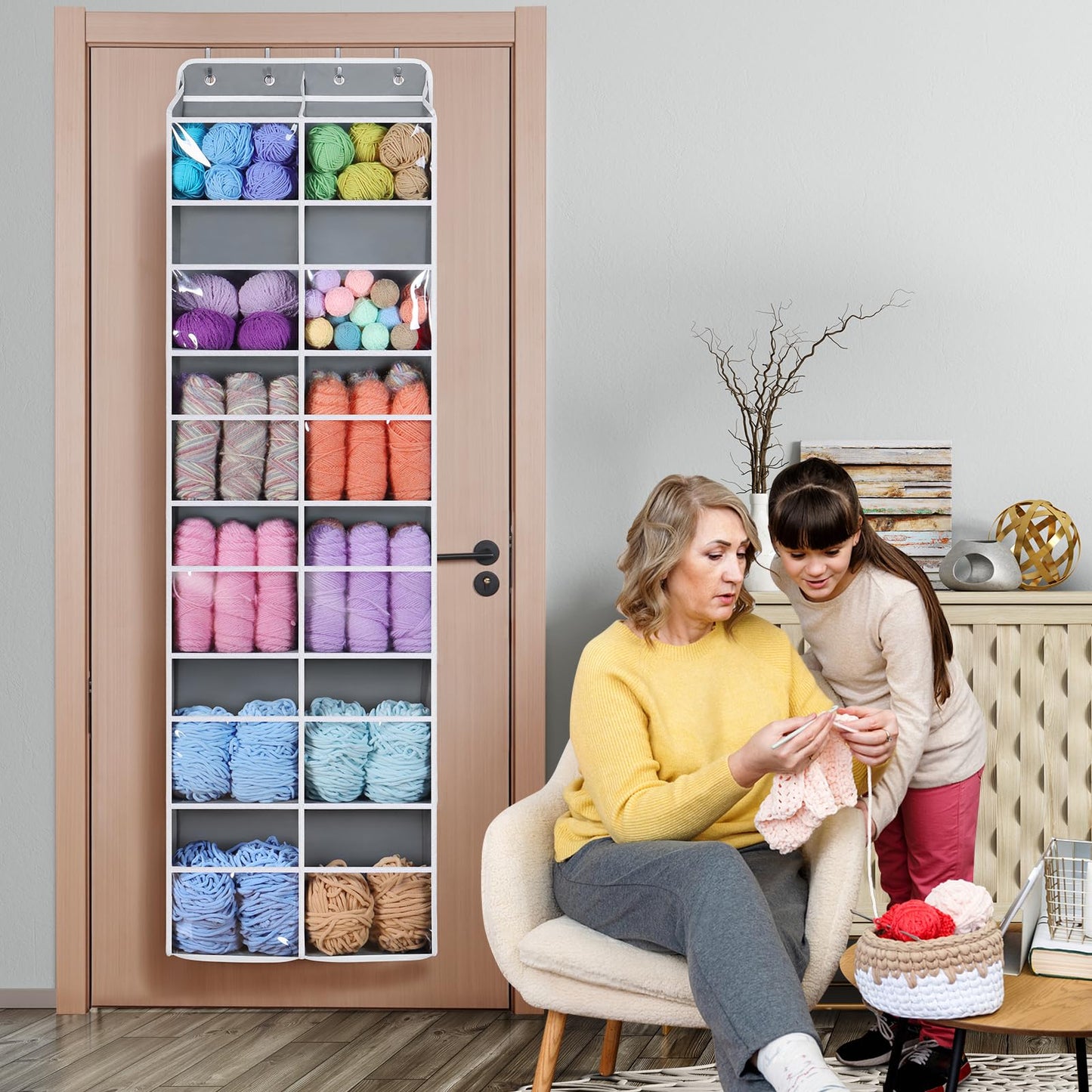Univivi Over Door Hanging Yarn Storage Organizer, 6 Tiers Hanging Yarn Knitting Organizer with 12 Mesh Side Pockets for Crochet Accessories, Knitting Needles and Yarn Balls