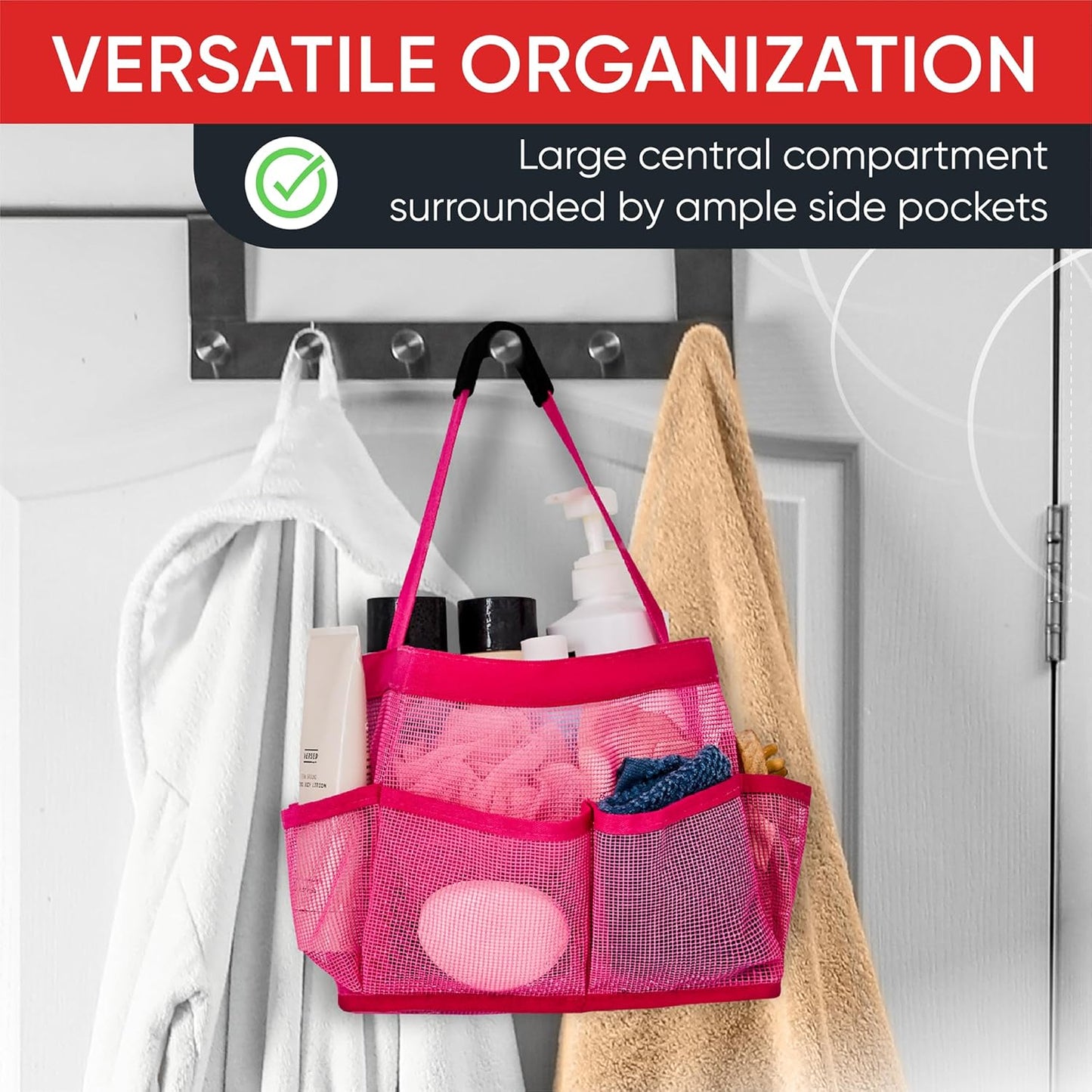 Masirs Mesh Shower Caddy Bag, Large Collapsible Portable Bathroom Organizer for Travel, Gym, & Dorm - 9 Pocket (Pink)