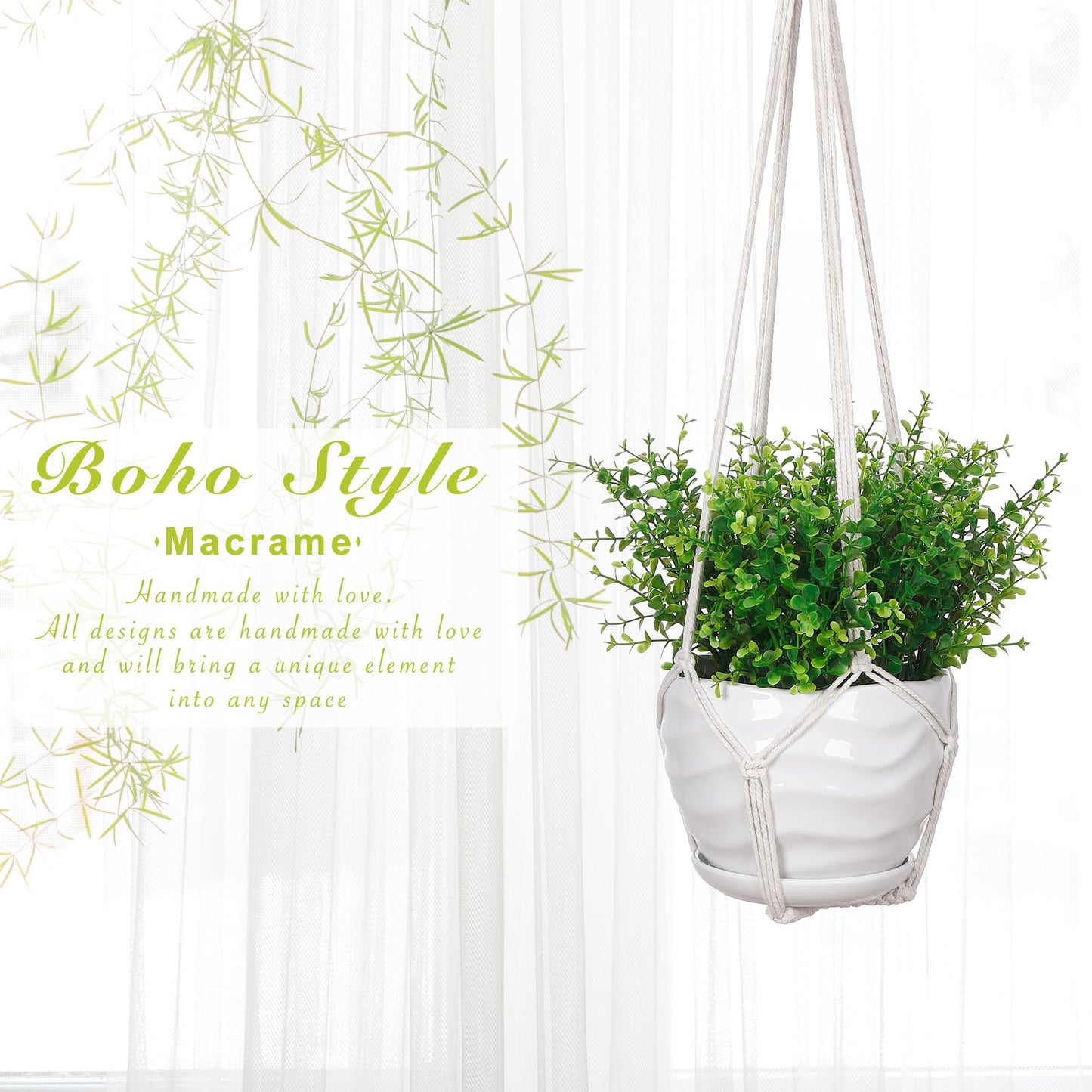 YIBOT 3 Pack Macrame Plant Hanger Indoor Hanging Planter Basket with 3 Hooks, 35"/29"/23" Crochet Plant Holder Stand No Tassels for Indoor Outdoor Boho Home Decor, Ivory (POTS NOT Included)