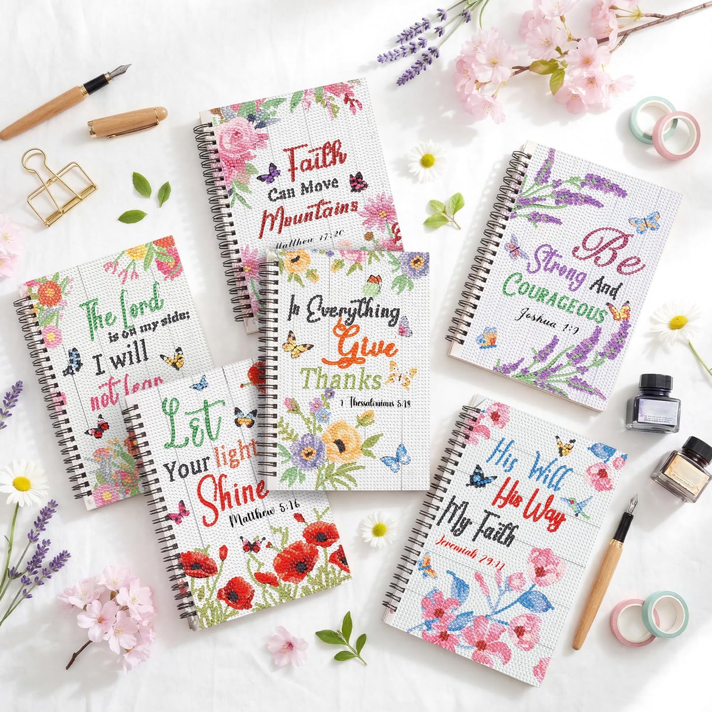 Fullhawl 6 Pack 5D DIY Diamond Art Notebook Kits for Adults Beginner A5 Leather Diamond Painting Gift for Women Art Cover Notepad Sketchbook Journal Crafts Accessories with Tool(Bible Florals)