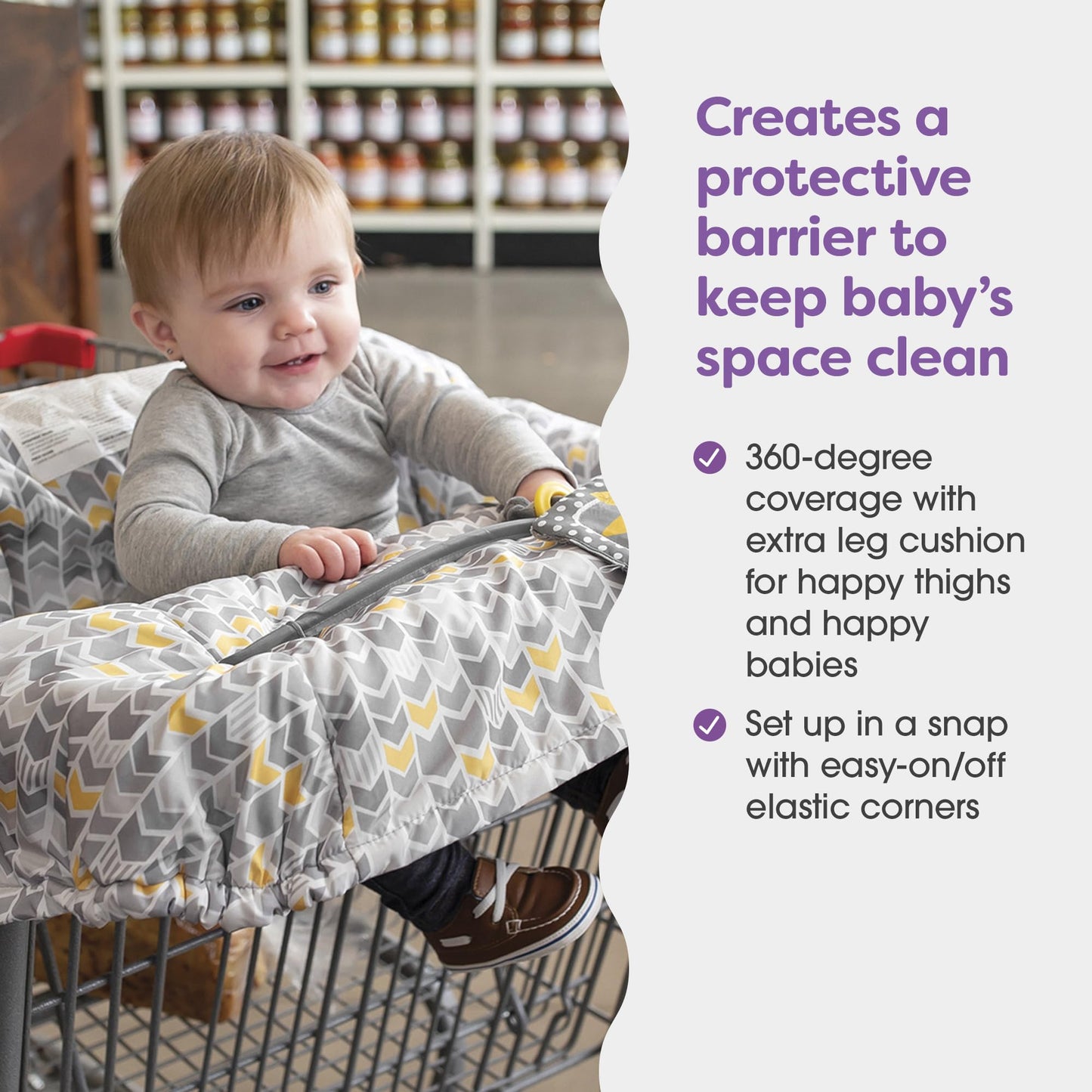 Boppy Shopping Cart Cover, Sunshine Chevron, Cart Cover for Babies with Soft 360-Degree Coverage, Safety Harness, and SlideLine Toy Tether with Crinkle Sun Book Toy Included, 6mo+