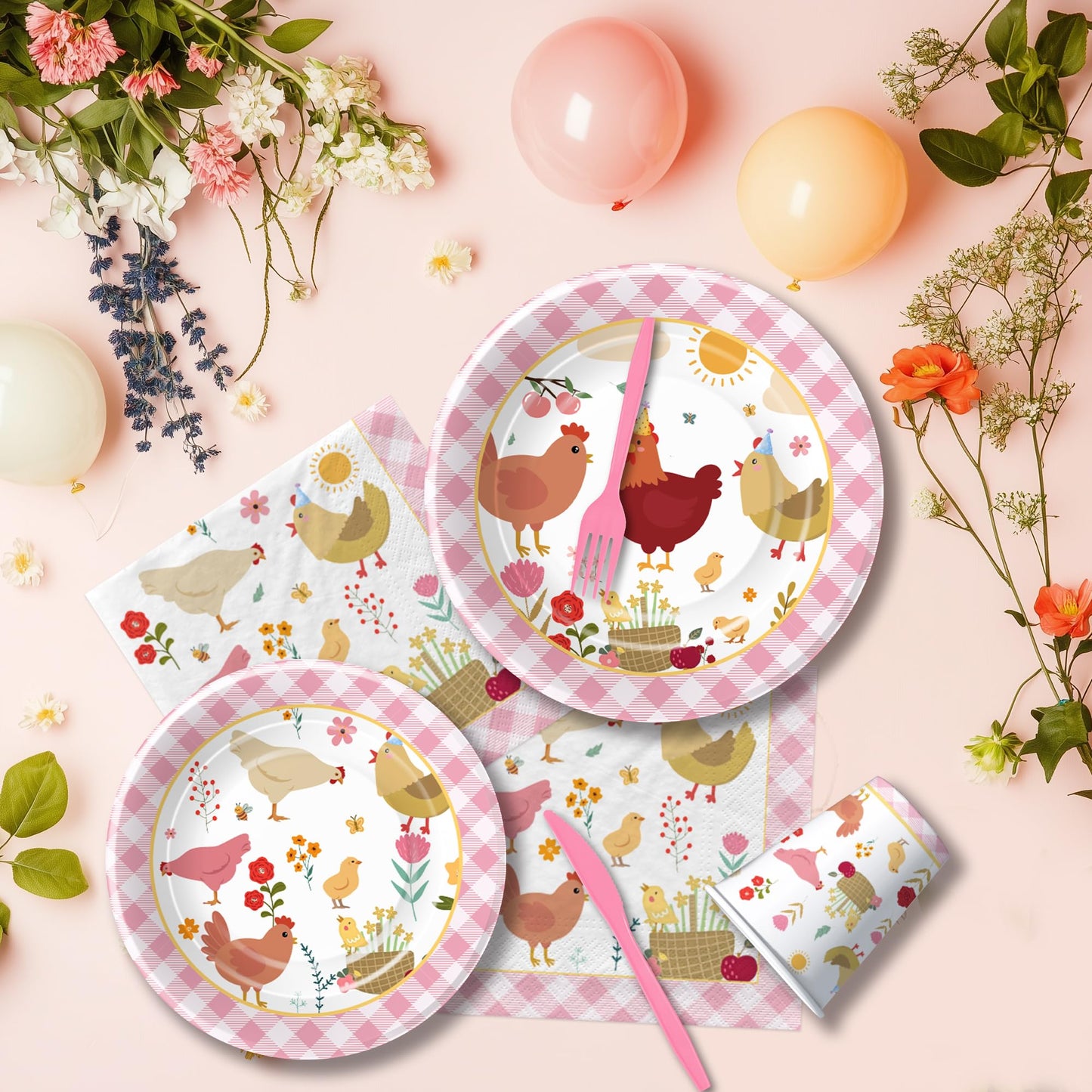 Suhelkit Chicken Party Decorations Tableware for Birthday Baby Shower, Farm Animal Barnyard Little Chick Birthday Party Supplies, Plate, Cup, Napkin, Straws, Disposable Cutlery, Tablecloth, 24 Guests