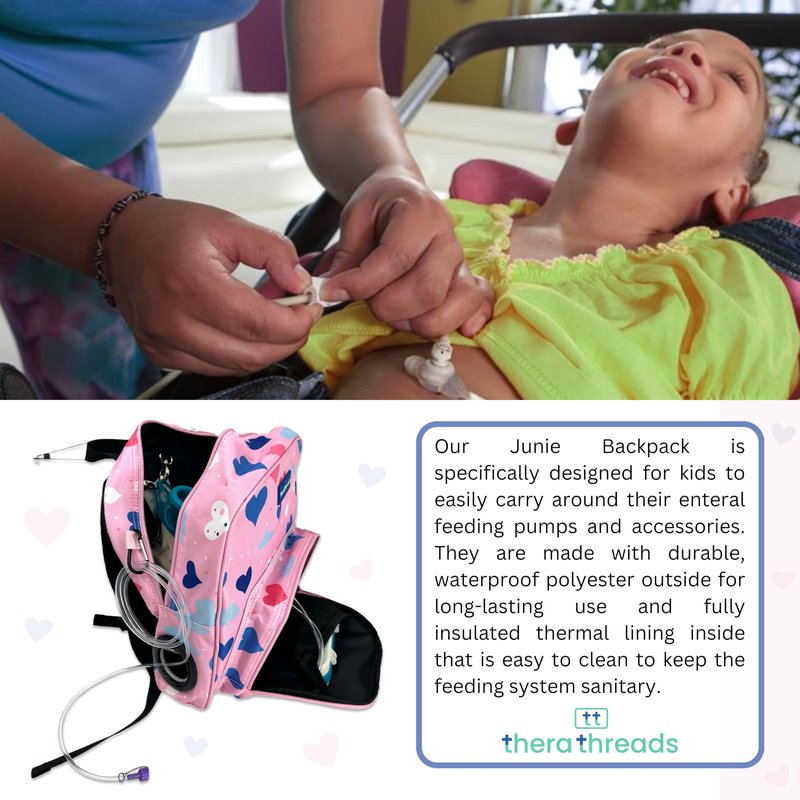 therathreads Junie Feeding Tube Backpack for Kids Enteral Feeding Pumps (EnteraLite Infinity and Kangaroo Joey), G Tube, J Tube, GJ Tube, PEG Tube Bag fits 500mL to 1L Capacity Bags (Hearts)