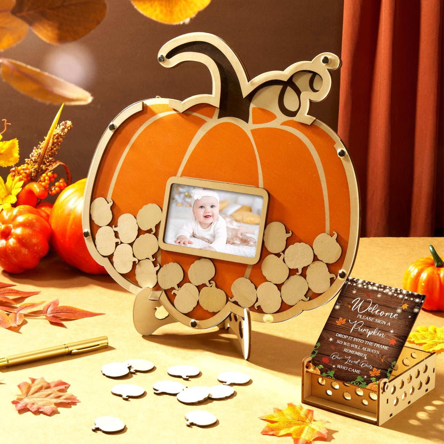 Thyle 63 Pcs Pumpkin Baby Shower Guest Book Fall Halloween Pumpkin Baby Shower Decorations with Photo Frame Sonogram Frame Keepsake Alternatives 60 Wood Slices Set, Autumn Thanksgiving Party Favors