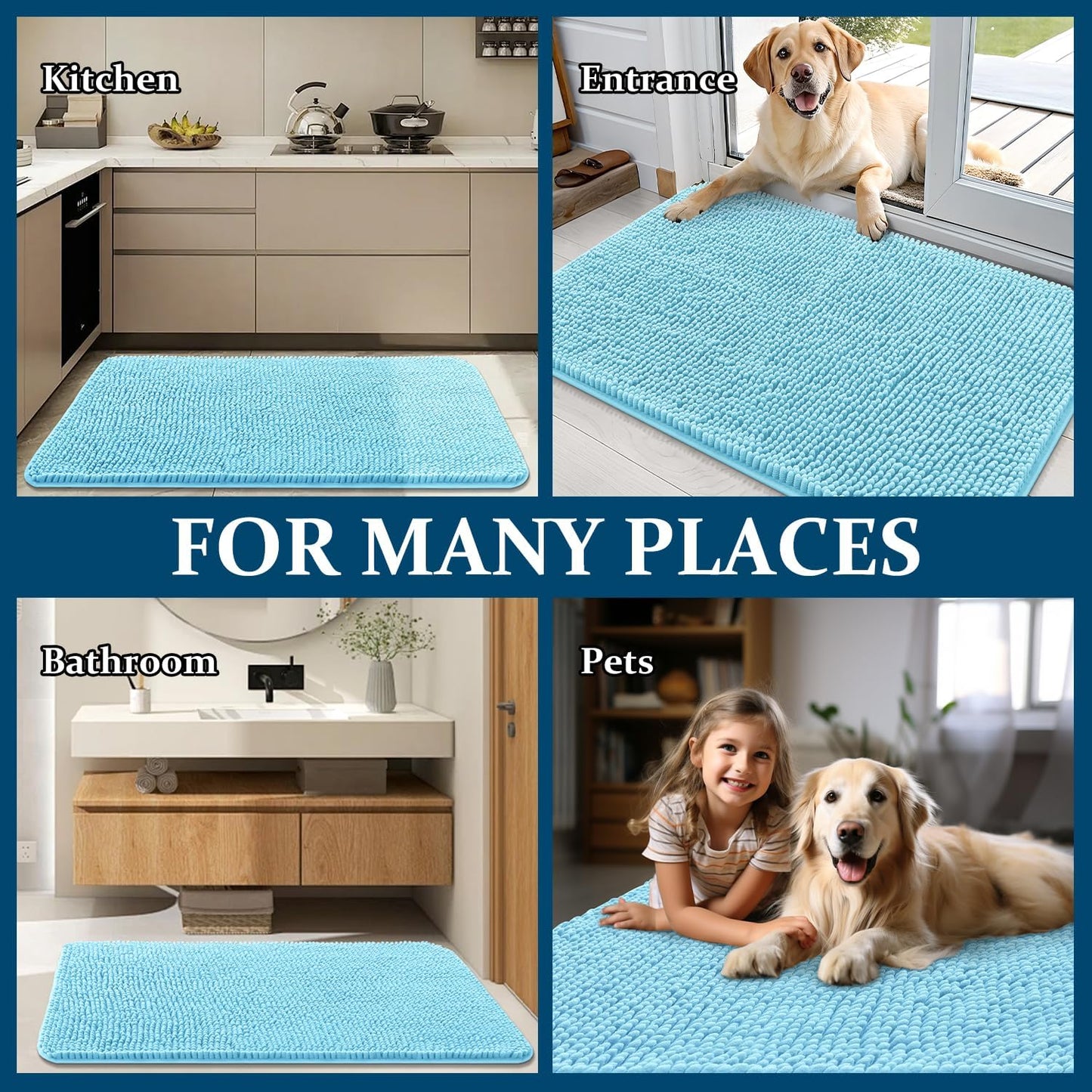 OLANLY Dog Door Mat - Absorbent Non-Slip Chenille Mat for Muddy Paws | 70x32, Quick Dry, Blue