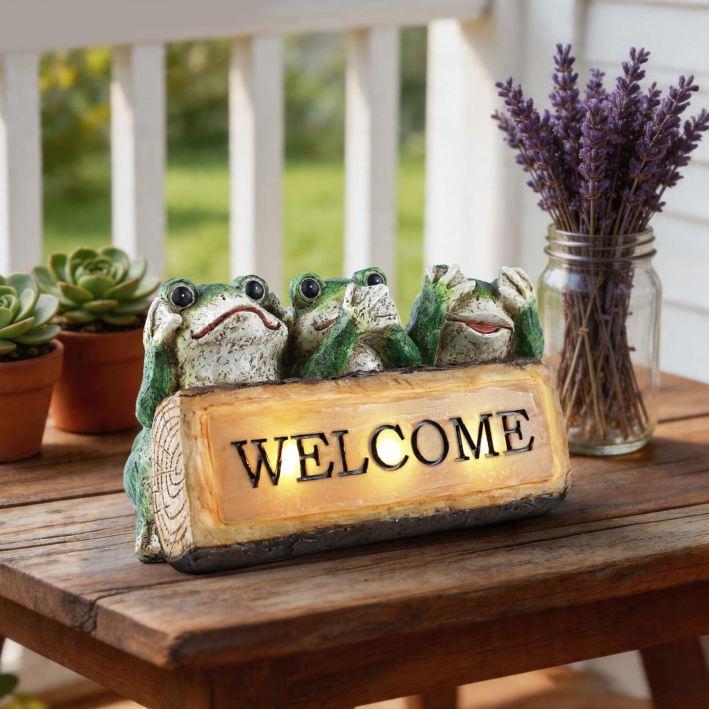 10.43"W Miniature Frog Solar Garden Statue, Three Wise Frogs Resin Lighted Welcome Sign, Outdoor Fairy Garden Accessories, Housewarming Gift for Patio, Yard, Porch, Entryway, Balcony, Lawn Ornament
