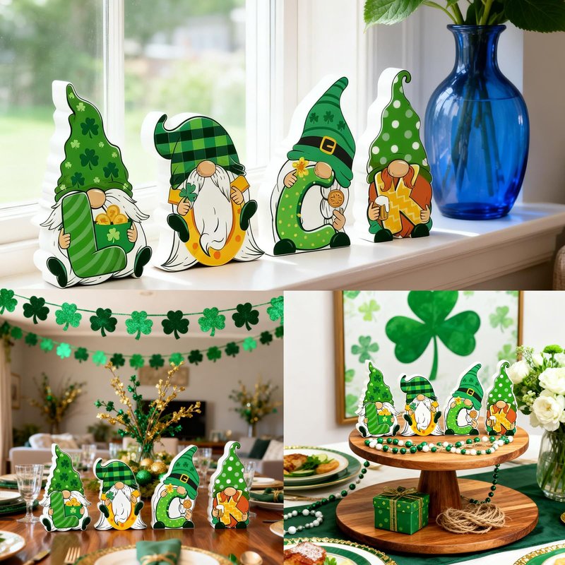 Valentines & St Patricks Day Decorations, 4 Pcs Double-sided Love & Luck Gnome Wooden Sign for Table Tiered Tray Mantel Decorations, Valentine and Shamrock Gnomes Centerpieces for Home Office Gifts