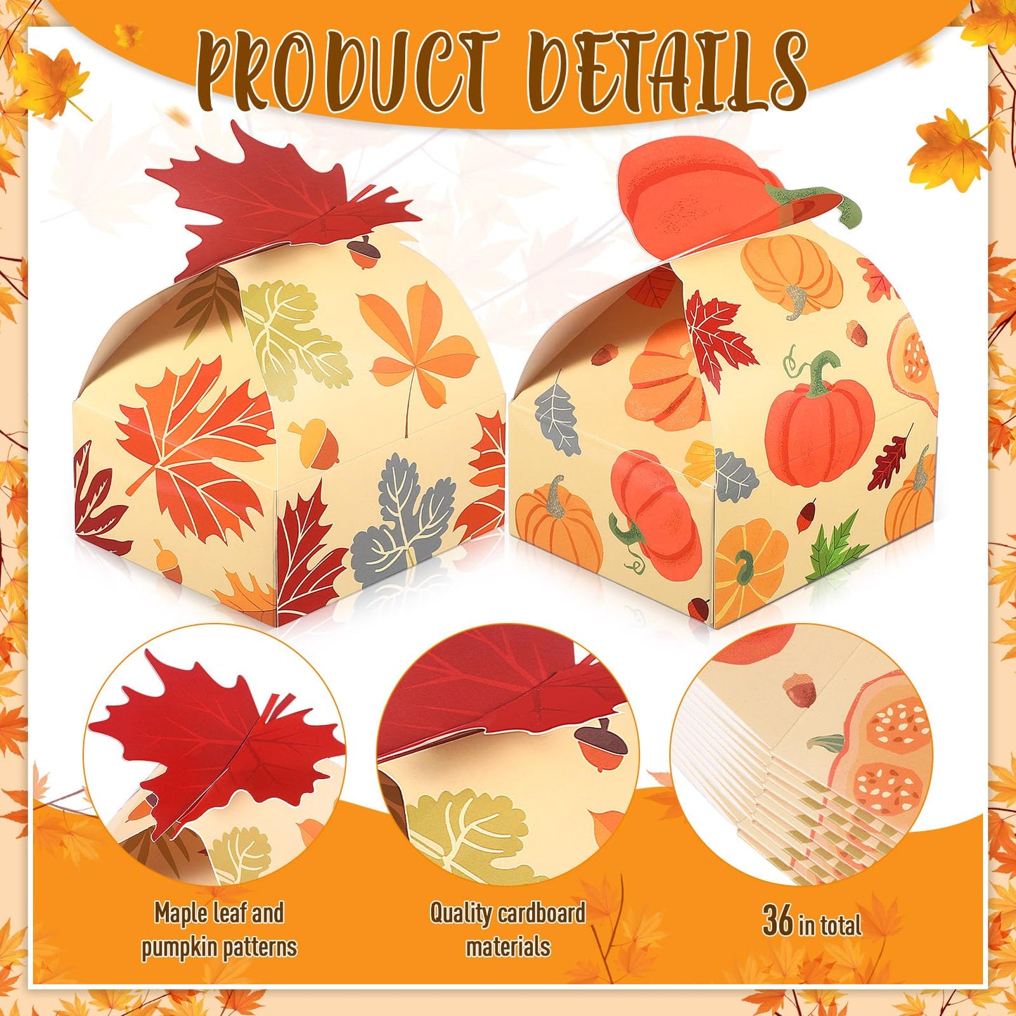 Pasimy 36 Pack Fall Party Favor Boxes Pumpkin Maple Leaf Paper Candy Treat Boxes for Thanksgiving Autumn Harvest Halloween Birthday Party Favor Gifts Decorations