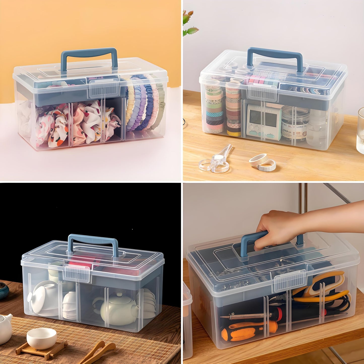 Acshio 2 Pack Plastic Dividing Storage Box, 2 Layer Multipurpose Craft Organizer and Storage Box with Removable Tray Handle, Portable Art Supply Container for Bead, Tool, Sewing