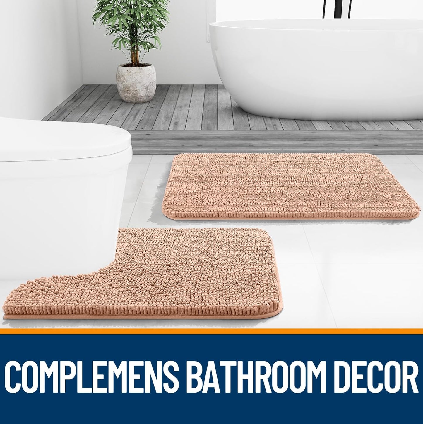 OLANLY Large Bathroom Rugs - Extra Soft Chenille Bath Mats with Rubber Backing | Quick Dry, Machine Washable, Peach 50x30