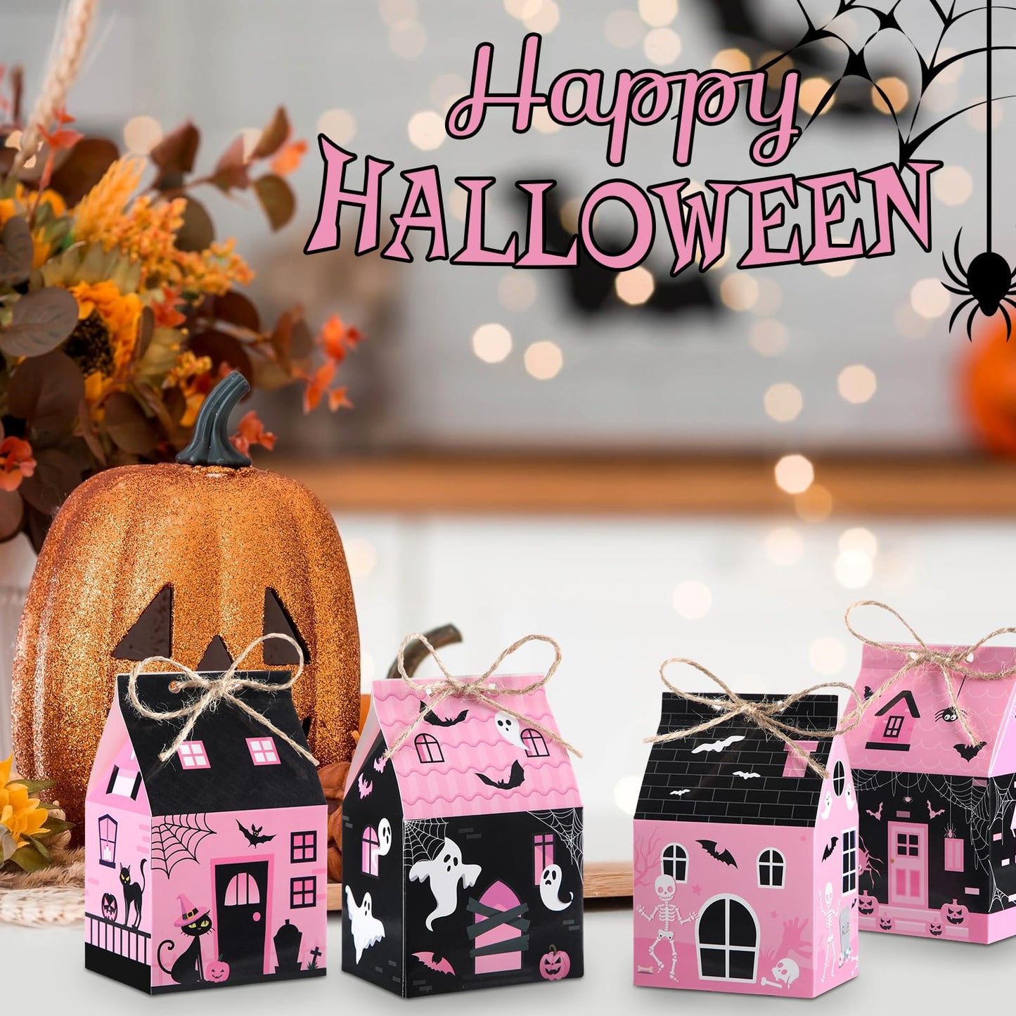 Zhanmai 48 Pcs Pink Halloween Treat Boxes Mini Black Castle House Candy Pink Box Small Halloween Paperboard Gift Container for Holiday Party Treat Cookie Goodie Snack Gift Packaging