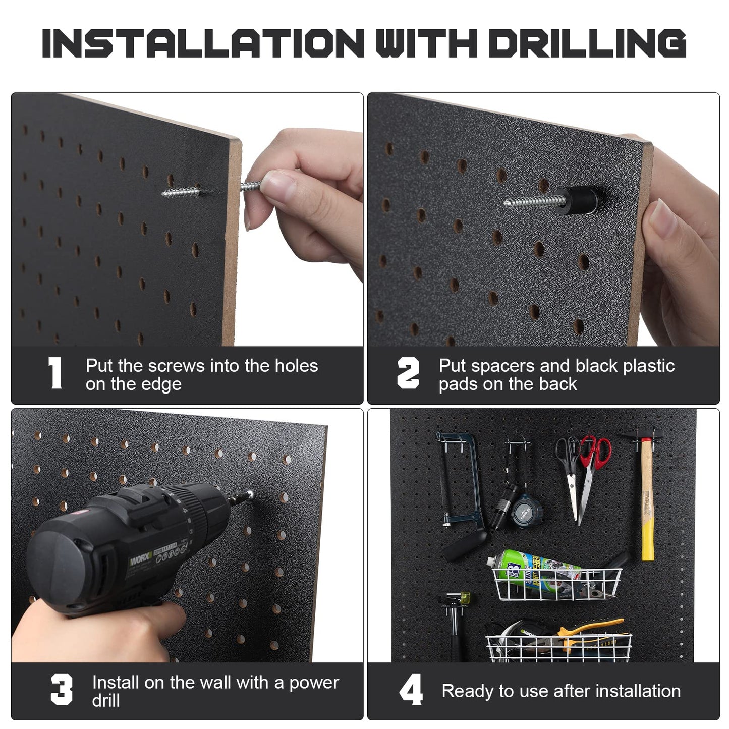 2 Pcs Wood Pegboard High Density Fiberboard 24 x 48 Inches Wall Mount Display Black Pegboard with Mounting Hardware Round Hole Peg Boards for Walls, Garage Craft Room Workshop Organizers and Storage