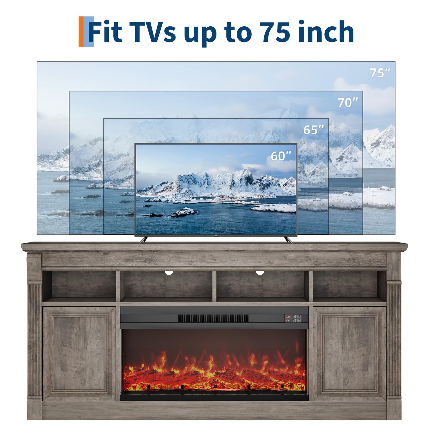 GarveeHome 68" Farmhouse Electric Fireplace TV Stand for TV Up to 75", Entertainment Center with 36'' Fireplace, Console Table TV Cabinet with Open Storage Shelves for Living Room