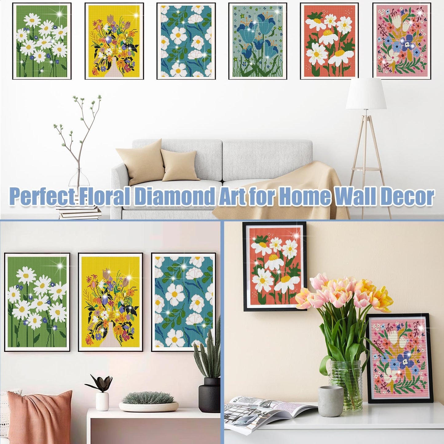 Trandraft 6 Pcs Diamond Art Paintings Kits 12 x 16 Inch Floral Diamond Art Accessories for Adults Wild Flowers Gem 5D DIY Crafts Aesthetic Wall Decor for Home