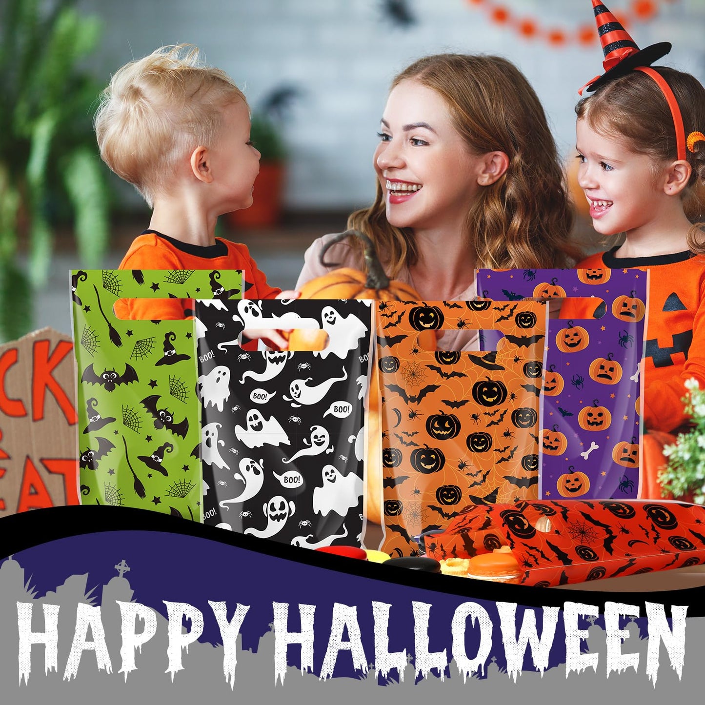 Gilprop 48 Pcs Halloween Plastic Gift Bags Ghost Pumpkin Bat Party Favor Bags Halloween Goodie Treat Candy Pouches with Handle for Party Supplies Gift Wrap