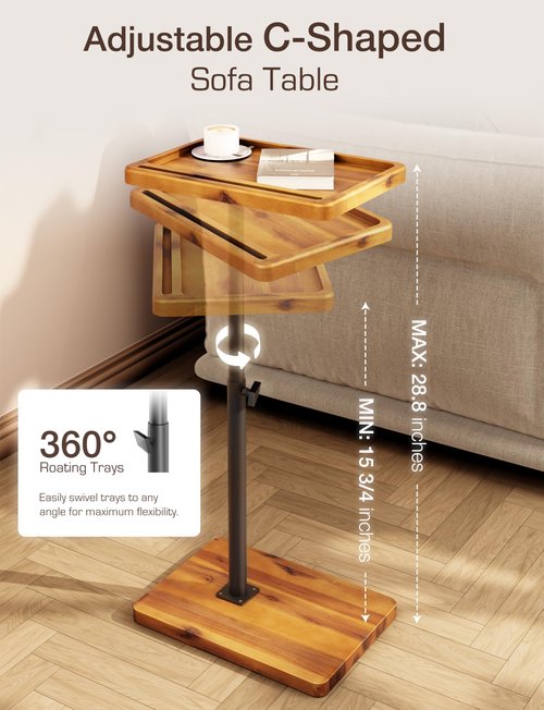 HOLANA Acacia Wood Adjustable C-Shaped Couch Table – 360° Swivel Side Table for Sofa - Small End Table for iPad, Laptop, or TV Tray – Eating Trays for Living Room or Bedside Use (Acacia)