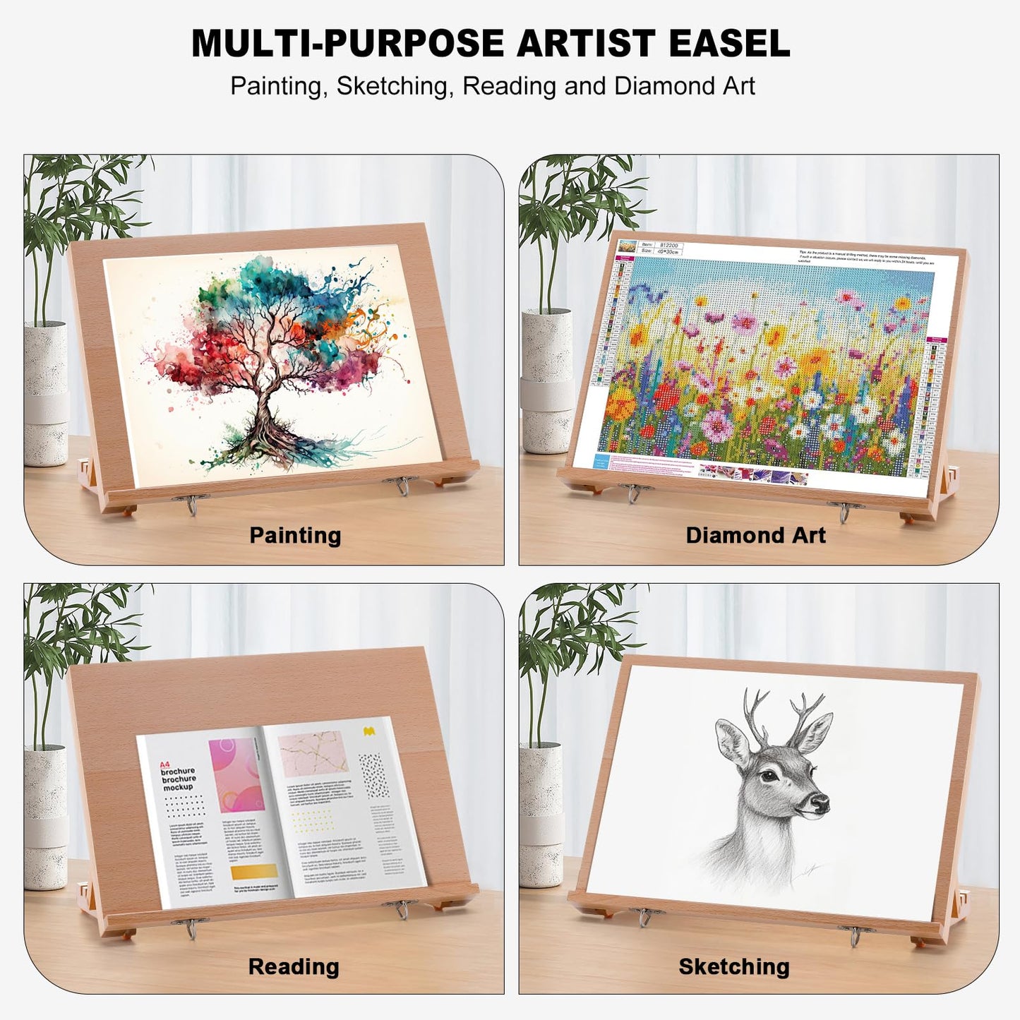 Tabletop Easel for Painting, 16.5"x12" Adjustable Portable Beechwood Drawing Board with Detachable Strap, Art Easel Includes Art Painting Papers, Sketch Papers and Masking Tape, Ideal for Diamond Art