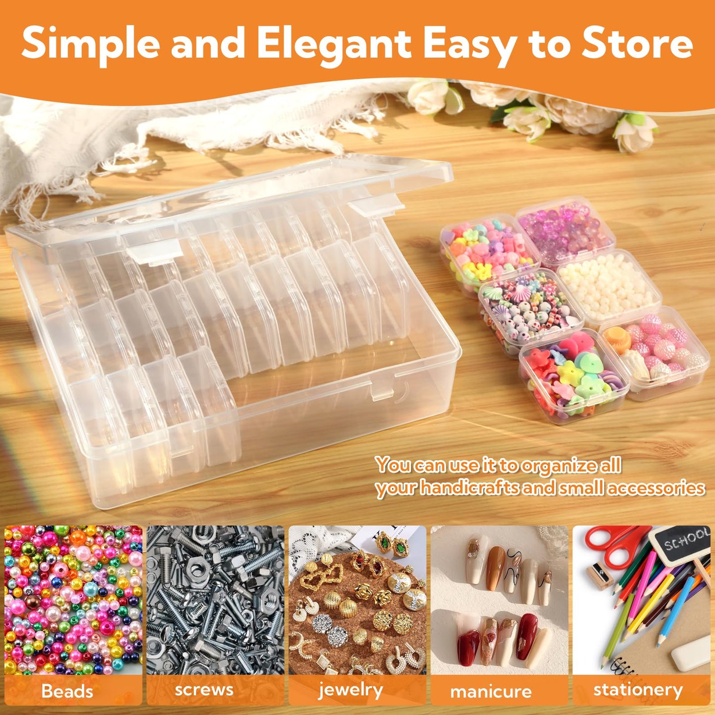 186 Pack Bead Organizer Box, Transparent Small Plastic Containers (6 Large Boxes and 180 Small Boxes), Bead Organizers and Storage with Blank Stickers for Bracelet Making DIY Jewelry Craft Nail