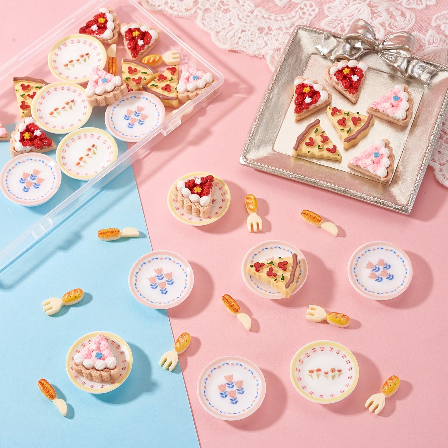 FASHEWELRY 42Pcs Cake Tableware Dollhouse Miniature Accessories Kitchen Tableware Display Ornament Resin Imitation Food Dessert Plate Fork Knife Cabochons for Garden Home Party Landscape Decoration