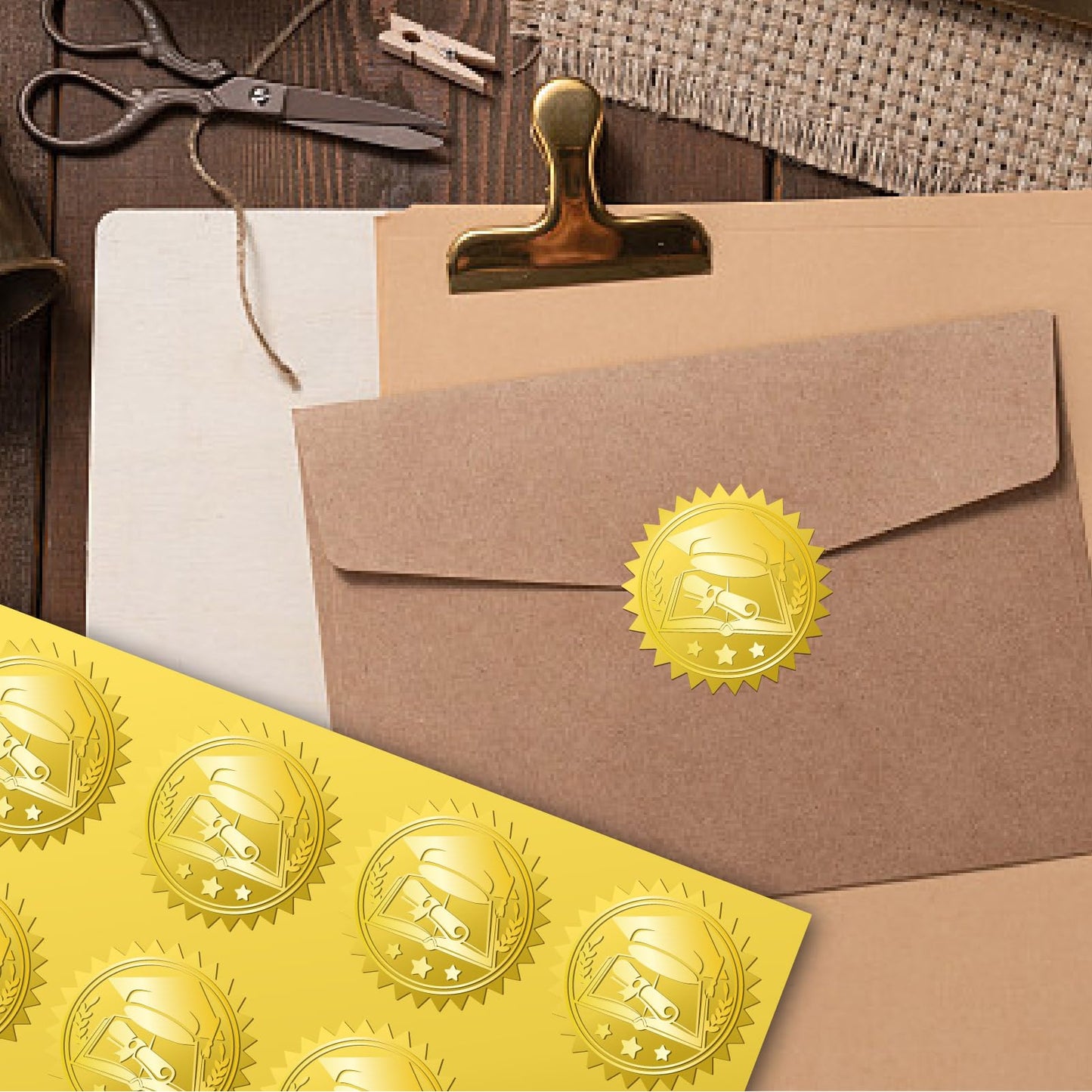 CRASPIRE 408Pcs Graduation Cap Books Certificates Official Gold Foil Embossed Stickers 2" Self Adhesive Envelopes Seals Round Labels for Award Wedding Invitation Corporate Diplomas Gift Wrapping Decor