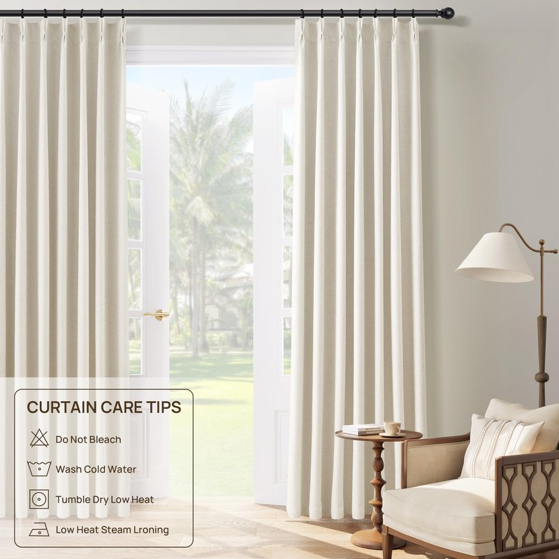 Pinch Pleated 100% Blackout Linen Curtains 96 Inches Long for Bedroom Living Room Memory Trained Pinch Pleat Linen Curtains Rustic Farmhouse Thermal Insulated Natural Cream Pleated Drapes 8ft 40x96