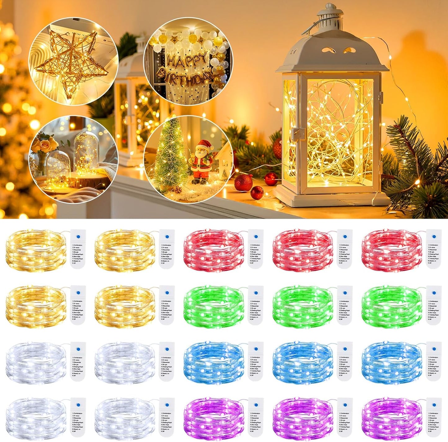 Minetom 12 Pack Battery Operated Fairy String Lights - 8 Modes, 7ft, 20 LEDs, Waterproof Silver Wire for DIY Decor & Events