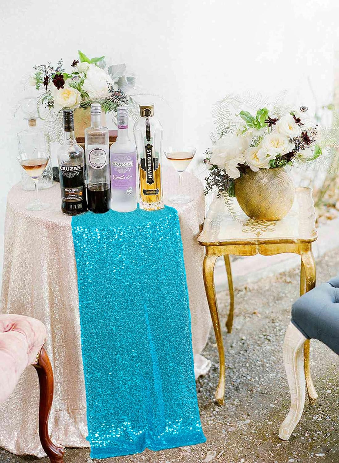 ShinyBeauty Turquoise Sequin Table Runner 12x108-Inch Aqua Party Runner for 30th Birthday Decorations