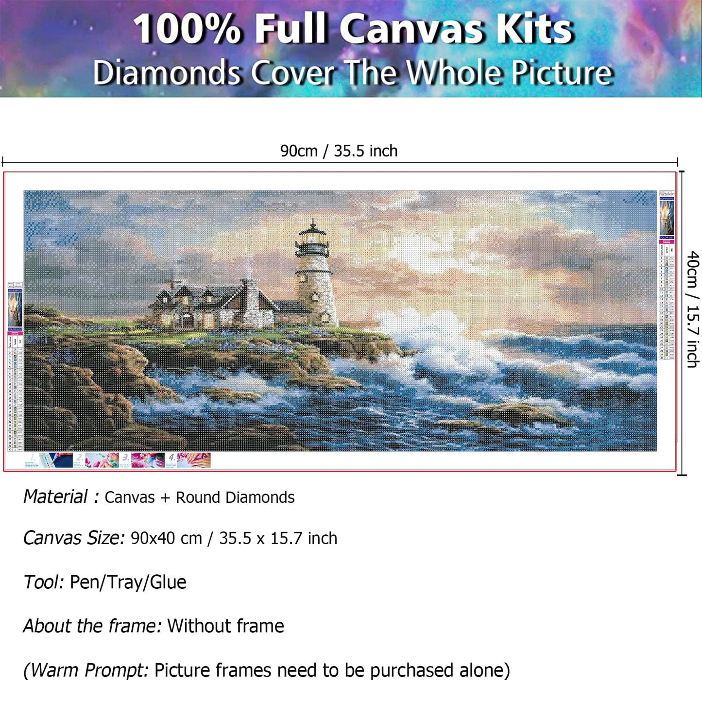 JATOK Large Diamond Painting Kits for Adults (35.5 x 15.7 inch) DIY 5D Lighthouse Full Round Drill Crystal Rhinestone Embroidery Pictures Arts Paint by Diamond Art Kits for Home Wall Decor Relax