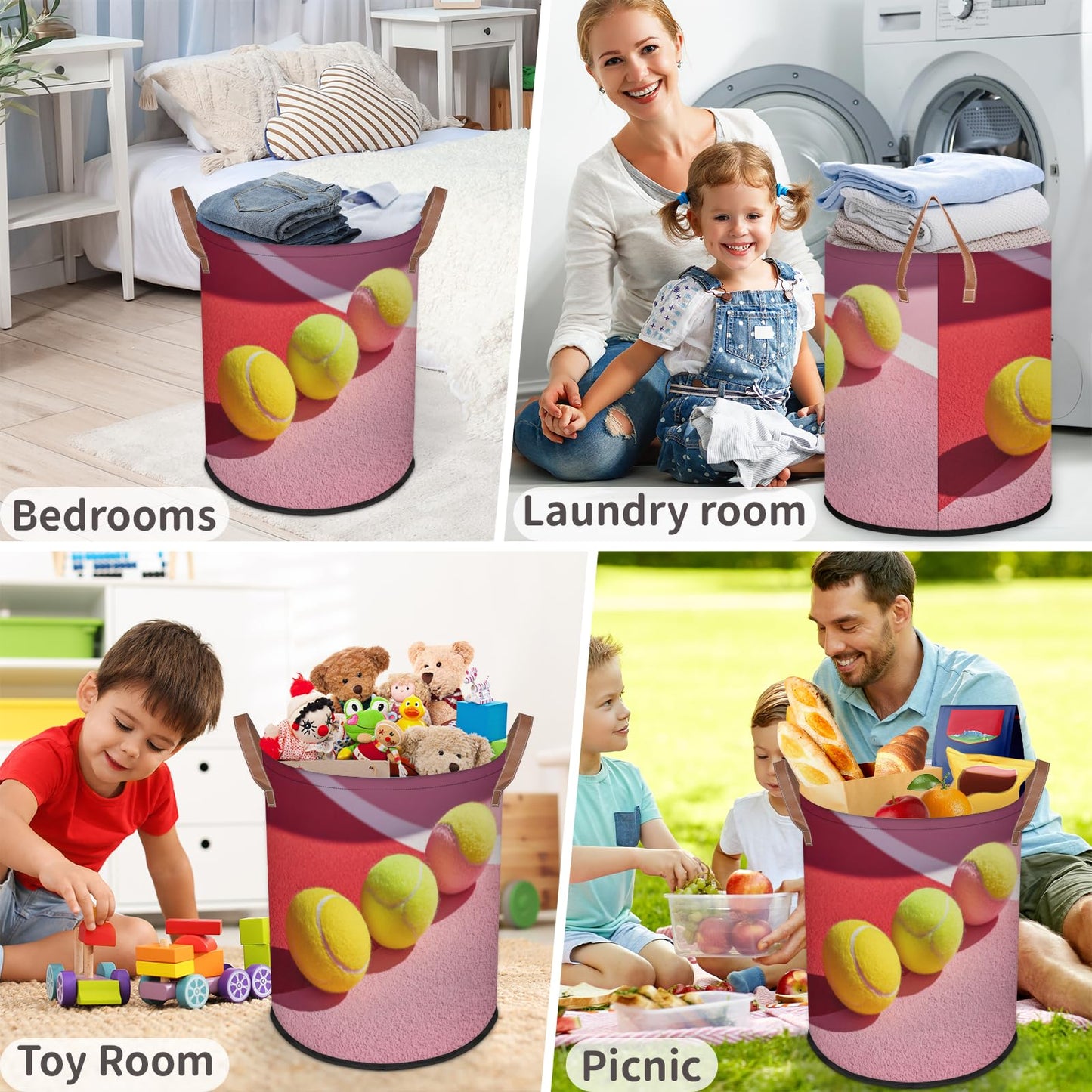 FZDXZJJ Large Round Laundry Storage Basket - Tennis Bin with Handles, Collapsible Box for Home, Office, Toy Organizer, Bedroom, Lving Room, Home Decor