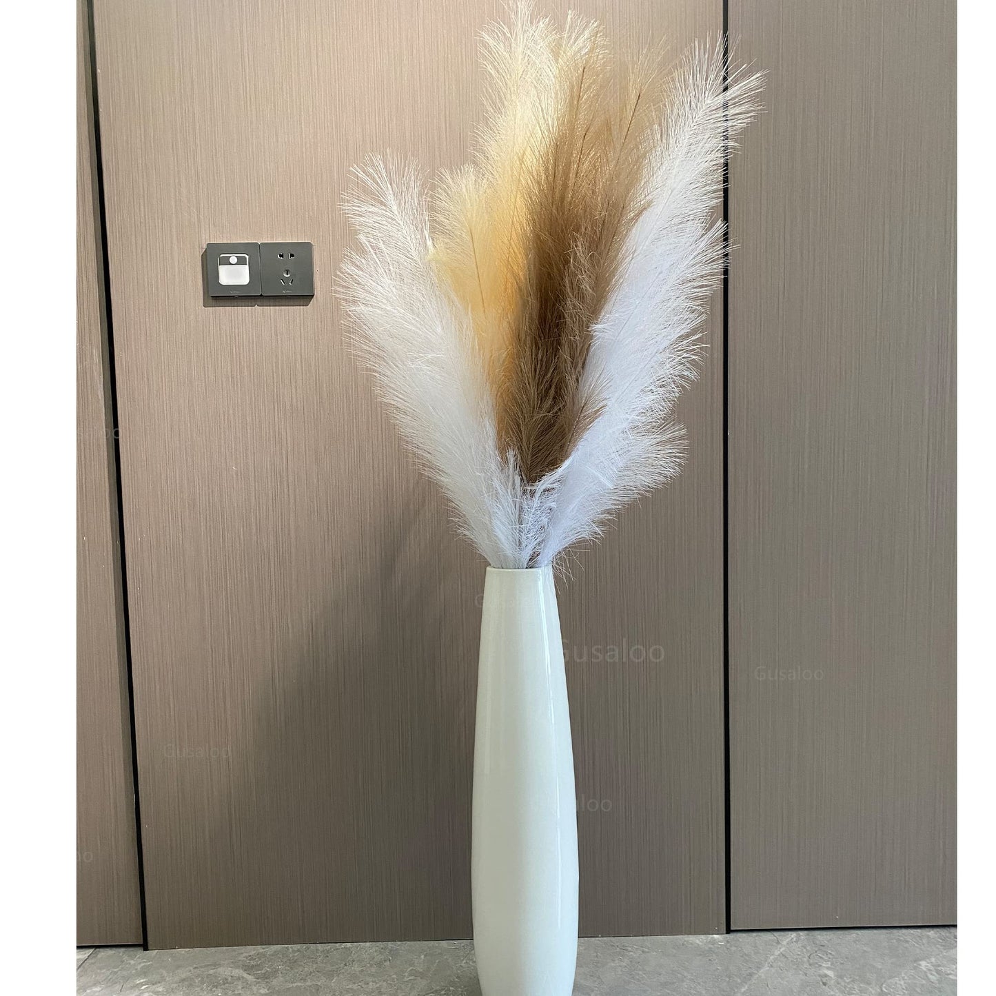 Artificial Faux Pampas Grass Large, 47"/120cm Bundle of 3 Fake Artificial Pampas Grass Tall Fluffy Stems, Floor Vase Filler for Living Room Kitchen Decor Boho Decor Wedding - White
