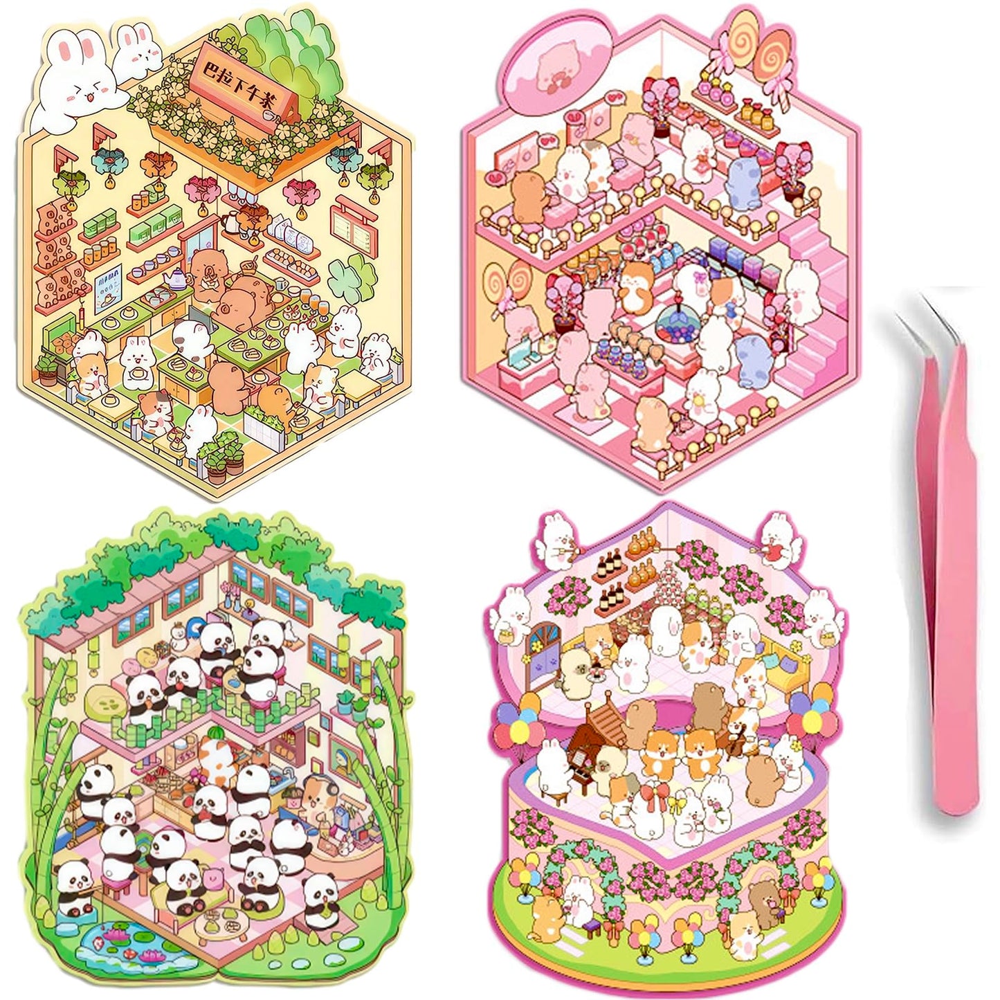 SSNLNBF 4 Sets DIY 3D Large Shop Stickers - Reusable Peel-and-Stick Miniature World Building Kit for Teens & Adults, Stress Relief Therapy Craft Set
