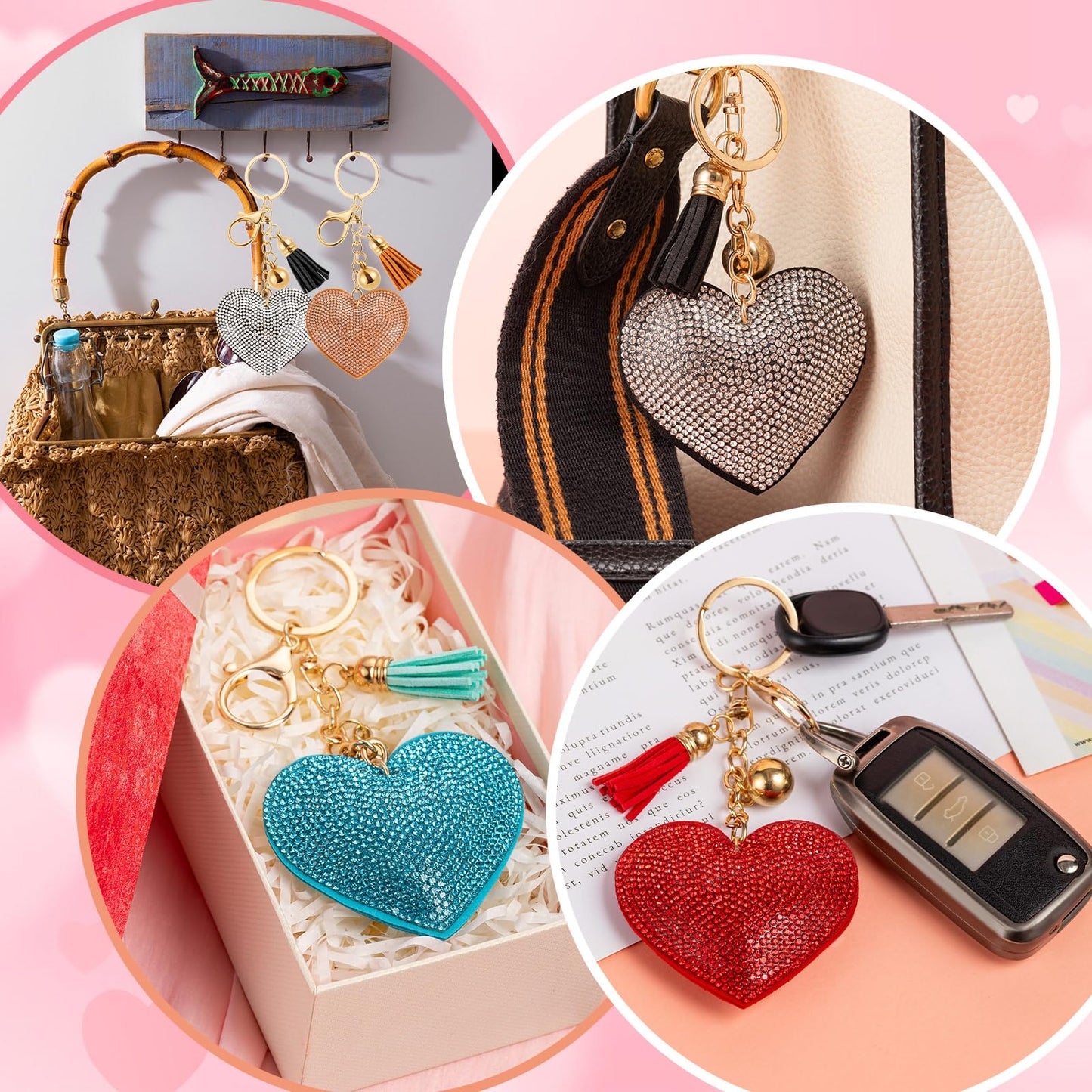 10 PCS Glitter Crystal Heart Rhinestone Keychain, Heart Shape Rhinestone Tassel Keychains for Handbags, Bling Key Chain for Women and Girls