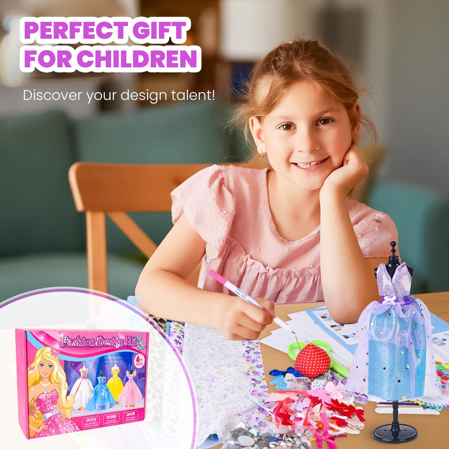 700+Pcs Fashion Designer Kit for Girls - Sewing Kit Arts and Crafts Set for Kids Ages 8-12 with 5 Mannequins & Instruction DIY Doll Clothes Making Learn to Sew Toys for Girls Christmas Birthday Gift