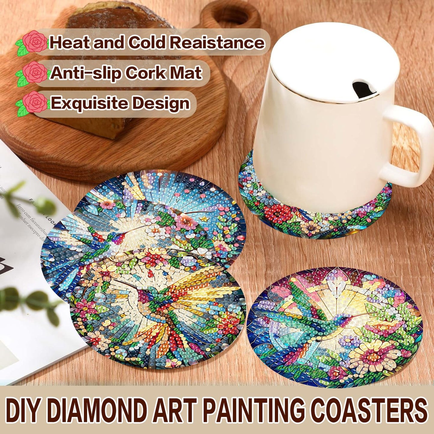 Axquilon Diamond Art Coasters Kit for Adults, 8 Pcs Hummingbirds Diamond Painting Coasters Kit with Holder, DIY Non Slip Art Supplies 4x4in
