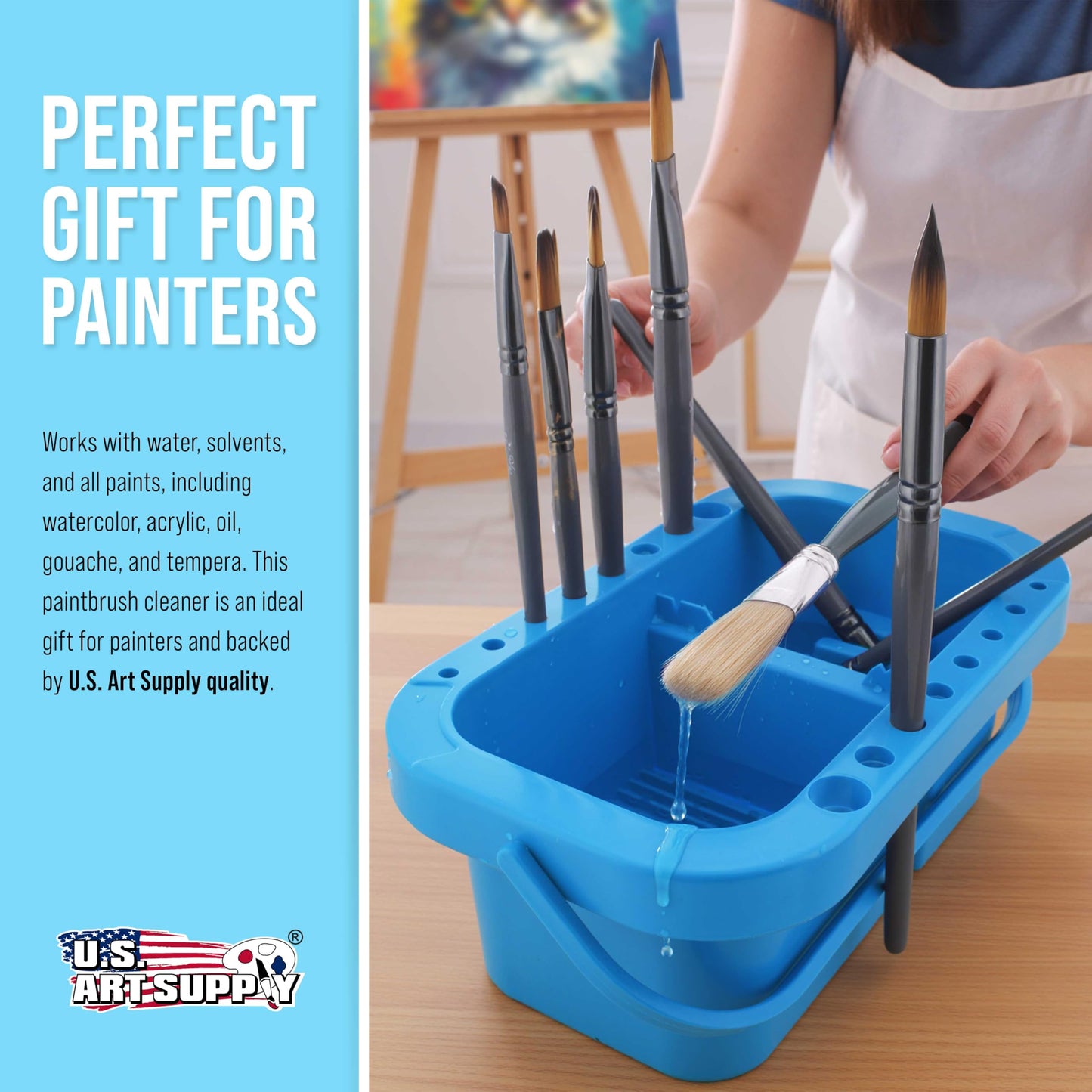 U.S. Art Supply 16-Hole Plastic Paint Brush Cleaner Washer & Paint Brush Holder with Palette Lid for Acrylic, Watercolor & Oil Paints
