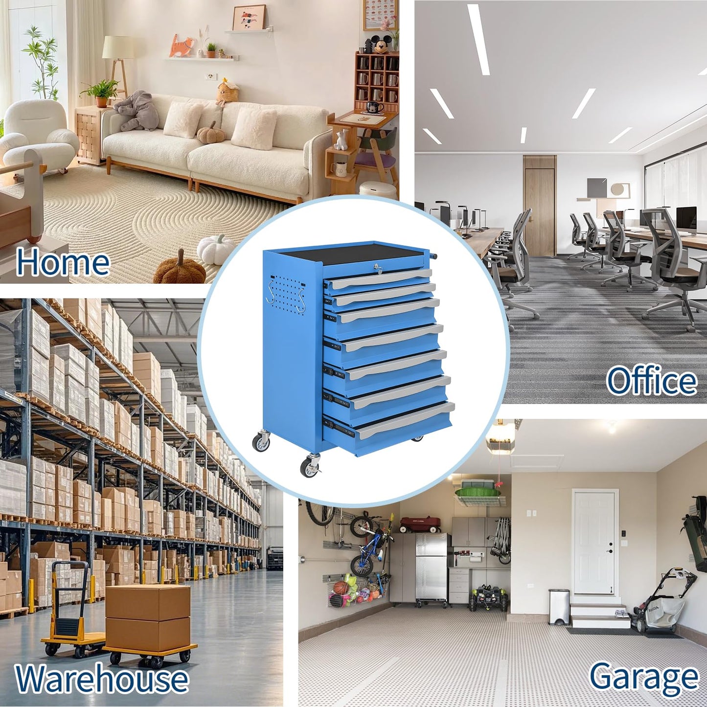 7-Drawer Tool Chest, Rolling Tool Cart with Wheels, Large Capacity Tool Storage Cabinet with Keyed Locking,Drawer Liners&Link Buckle, for Garage, Workshop, Warehouse,24.21"L * 13.78"W * 34.06"H Blue