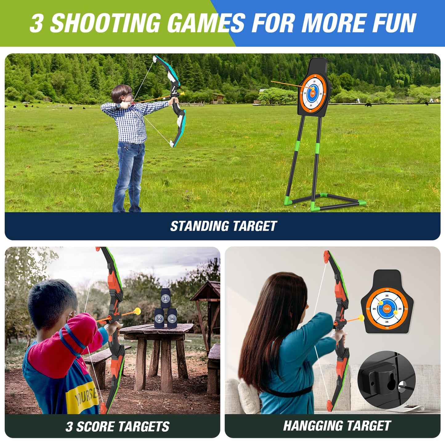 HYES 2 Pack Bow and Arrow for Kids, LED Light Up Archery Set with 24 Suction Cup Arrows, 1 Standing Target, 6 Score Targets & 2 Quiver, Indoor Outdoor Sport Gifts for Boys Girls Ages 4-8