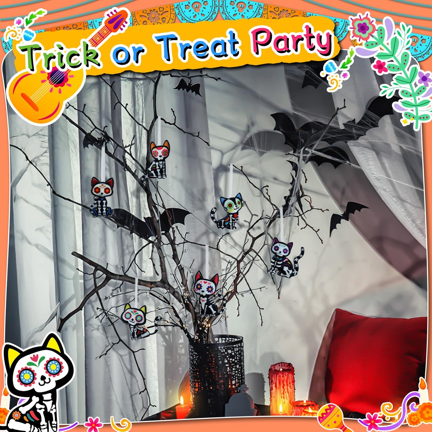 Remagr 12 Pcs Dia De Los Muertos Cat Felt Ornaments, Day of The Dead Cat Skeleton Hanging Halloween Ornaments for Mexcian Themed Party School Bags Indoor Outdoor Tree Hanging Decorations