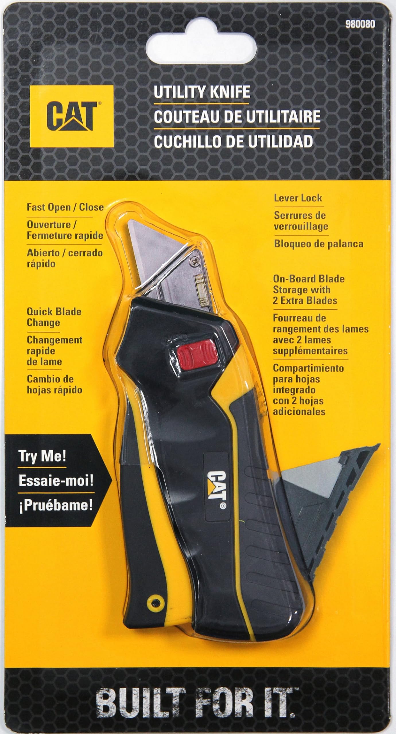 Cat Safety Squeeze Utility Knife, Retractable Blade with Trigger Grip, Quick Change Blade Storage, Includes 3 Round Point Safety Blades – 980080