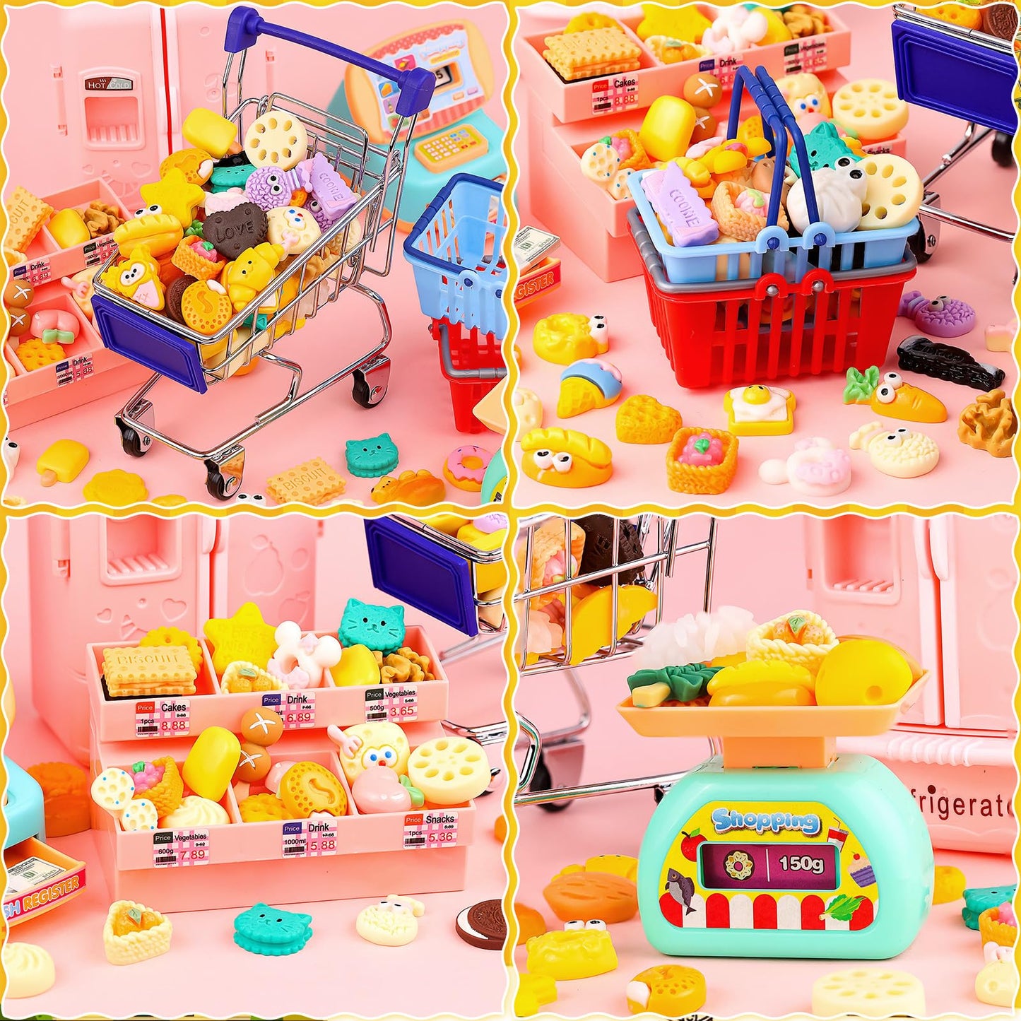 150Pcs Mini Shopping Cart Basket Miniature Food Drink Bottle Supermarket Metal Handcart Trolley
