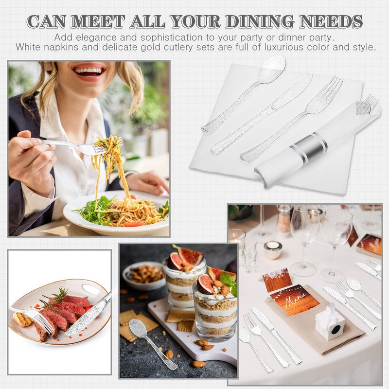 Zubebe 100 Pack Pre Rolled Silverware Set Disposable Wrapped Plastic Cutlery Set with Napkin Disposable Utensils Includes Forks Knives Spoons Napkins Wrapped for Party Dinners Wedding(Silver, White)