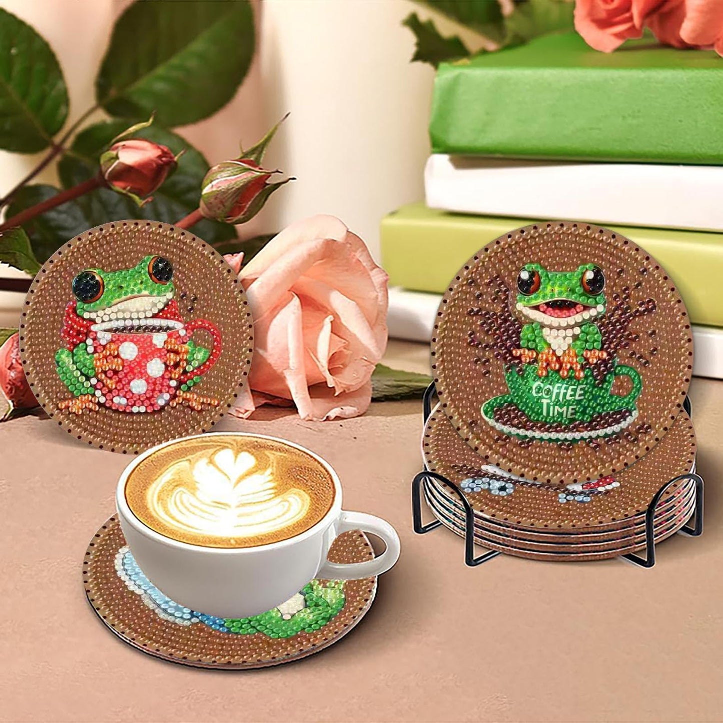 Clendo 8 PCS Coffee Frog Diamond Art Coaster Kits with Holder - Diamond Painting for Adults Beginners - 5D Gem Art Dots Paintings with Cork Pads - Crafts Supplies