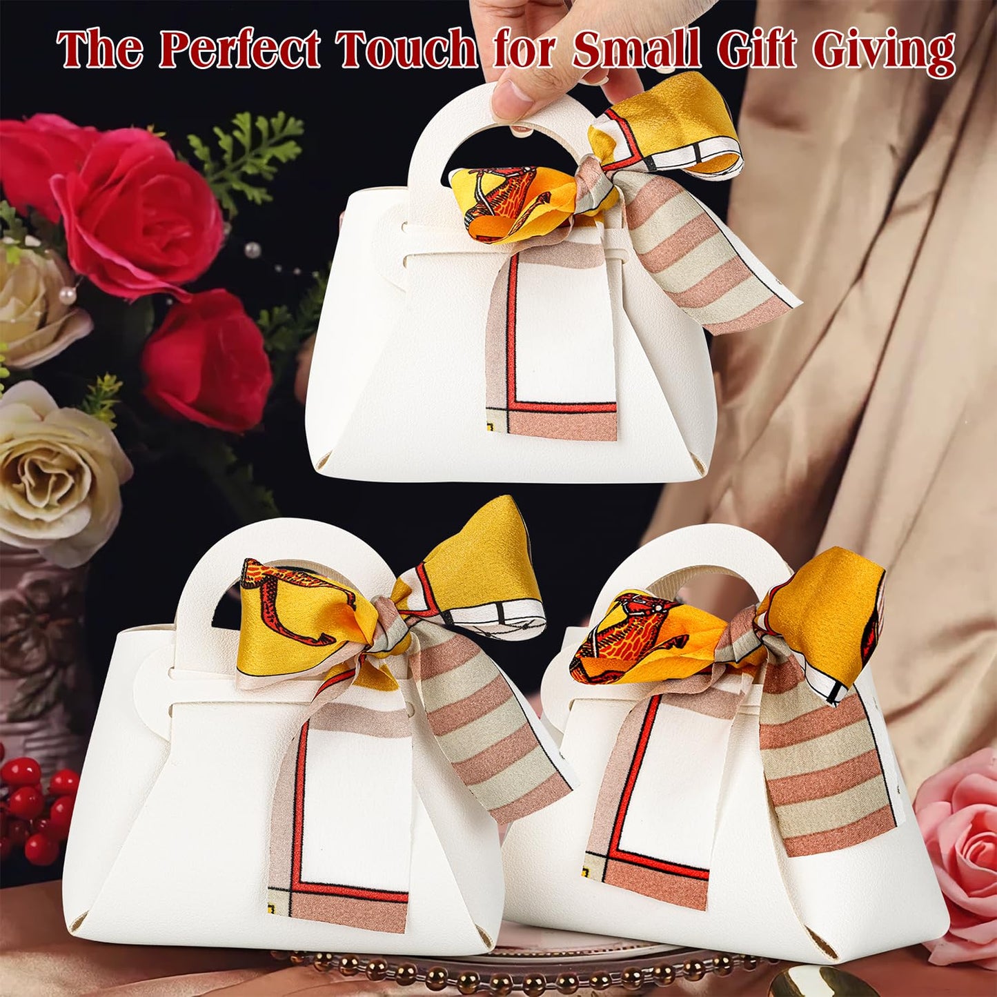 yadiana 12 Pack Pu Leather Purse Gift Bags with Handle, Cute Wedding Candy Purse Gift Boxes with Ribbon, Reusable Mini Party Favor Bags for Baby Shower Birthday Christmas Halloween Decoration (White)
