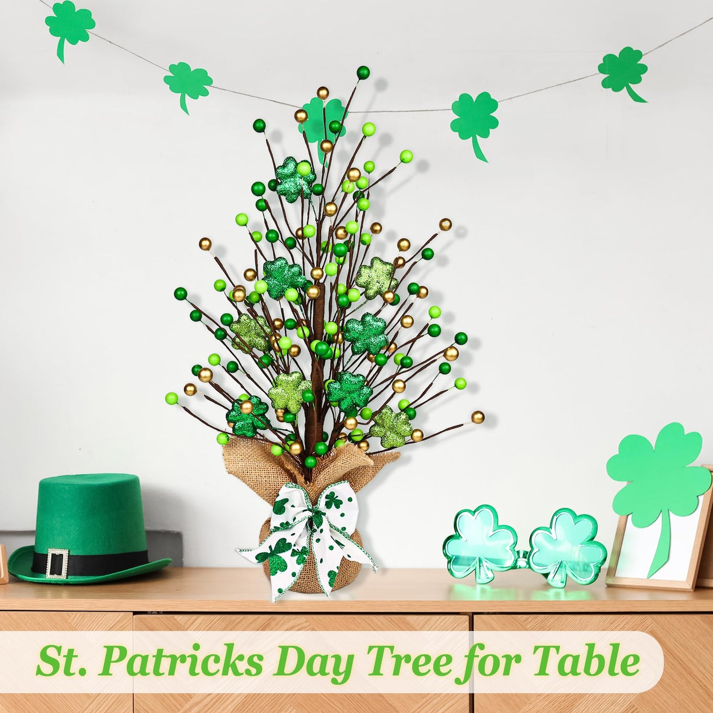 Lotus Hills St Patricks Day Decor, 20 Inch Shiny Shamrock Table Tree with Burlap Base and Bow, St Patricks Day Decorations, St Patricks Day Table Mantel Decor, Greenery Irish Shamrock Decorations