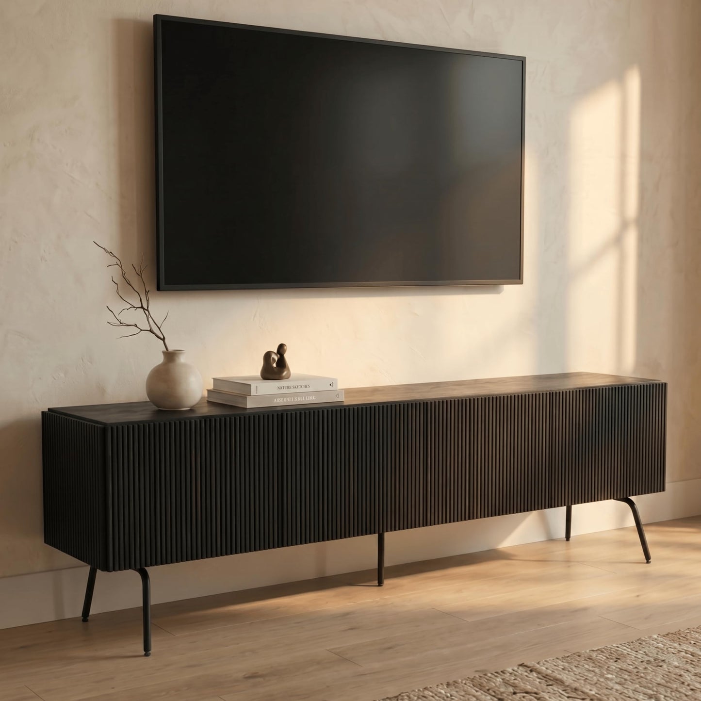 NTC Veil TV Stand with 4 Doors for TVs up to 75’’, Media Console with Vertical Groove Design and Metal Legs, Modern Entertainment Center for Living Room and Bedroom, Effortless Assembly, Burnt Black