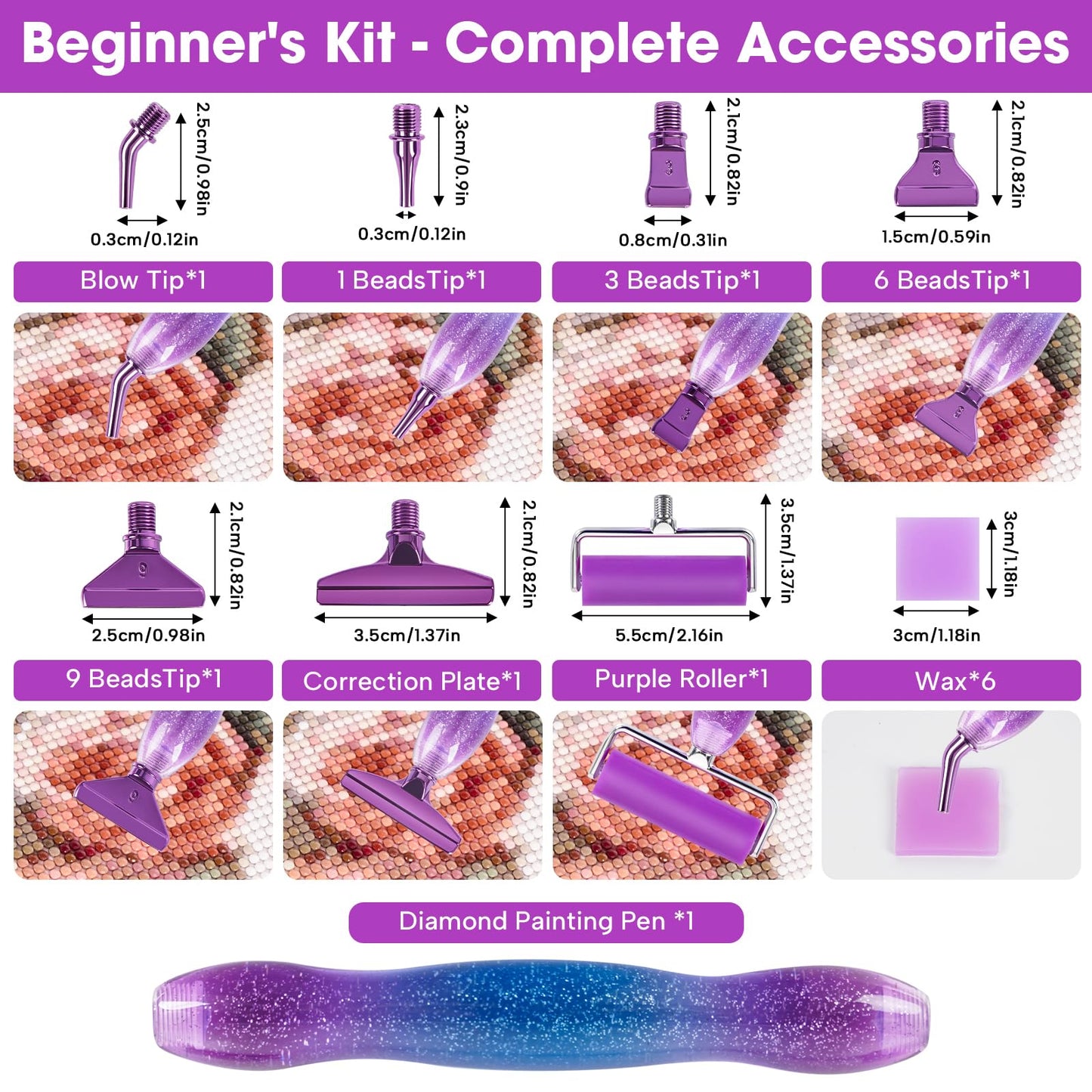 Taobido Ergonomic Diamond Painting Art Pen Accessories Kits with 6 Metal Tips, 6 Painting Glue Clay, Roller,Multi Placer Tips for DIY Crafts