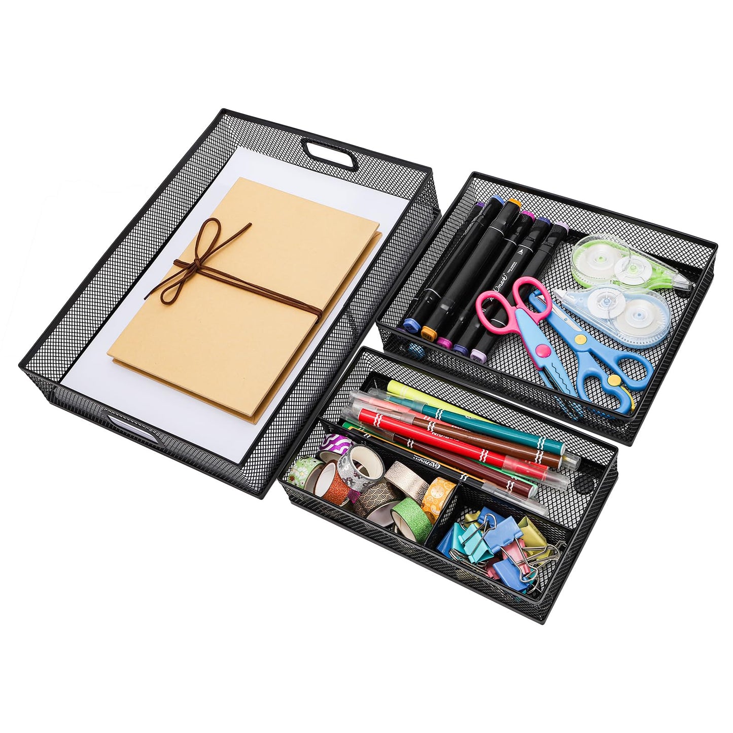 Noamus 3 Pack Office Drawer Organizer, Desk Drawer Divider Tray, Metal Mesh Desktop Basket, 6 Compartments Pen Storage Box for Makeup, Stationery, Office Supplies & Accessories, Kitchen(Black,3 Size)